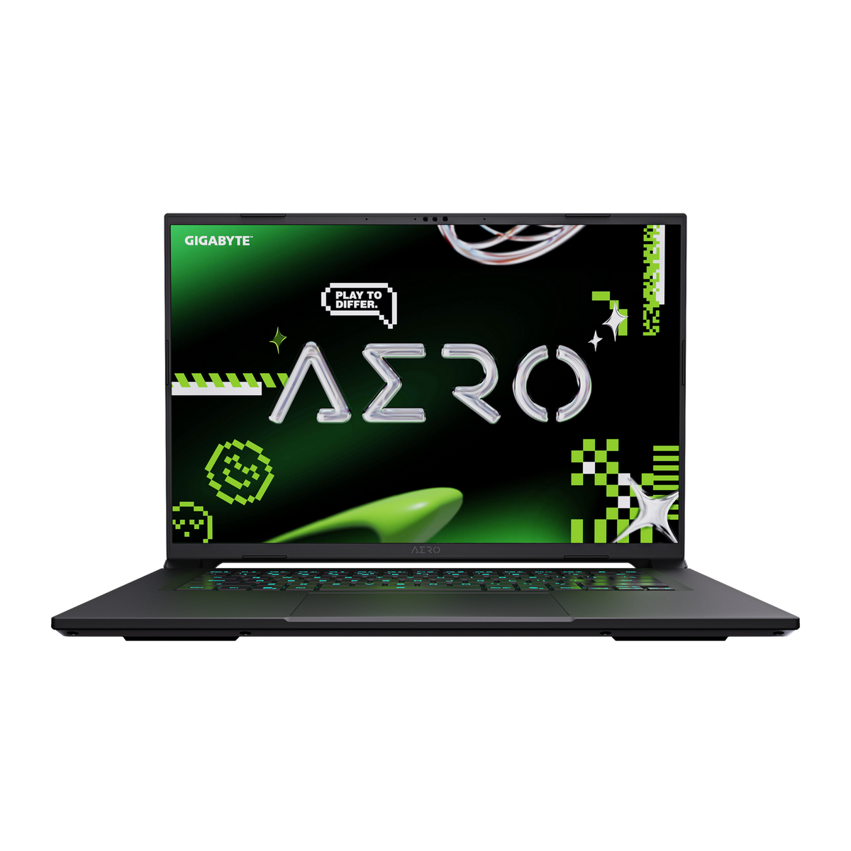 Un portátil con marco negro y pantalla verde que muestra la palabra AERO. El fondo es verde oscuro con gráficos.