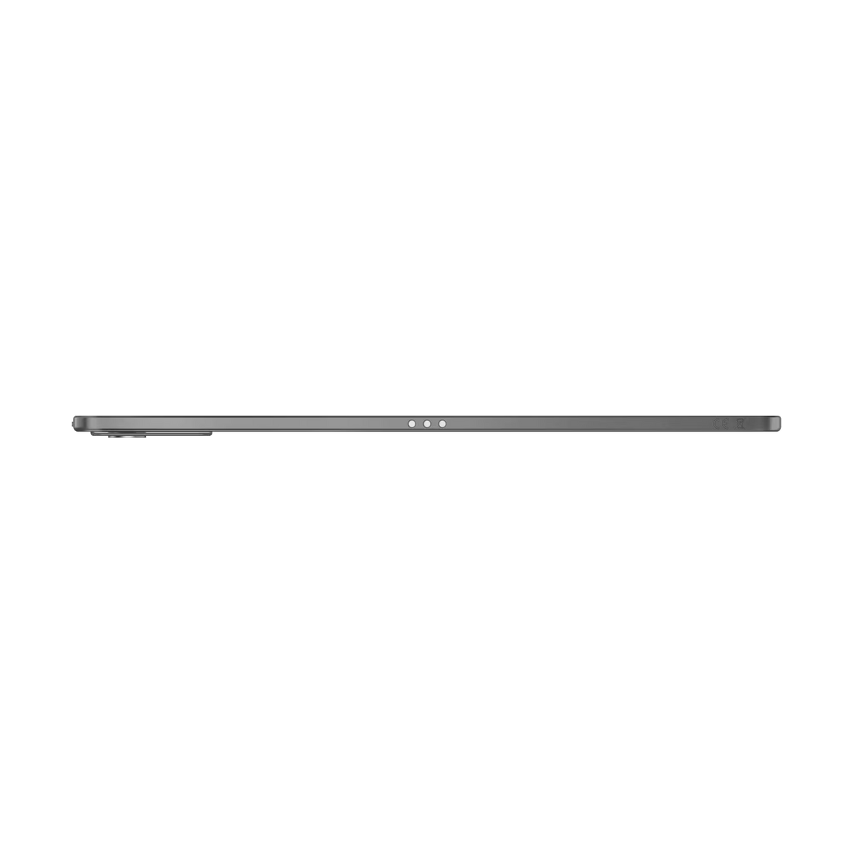 Seitenansicht eines grauen Tablets auf schwarzem Hintergrund. Das Tablet ist dünn mit drei kleinen weißen Punkten und einer Kamera.
