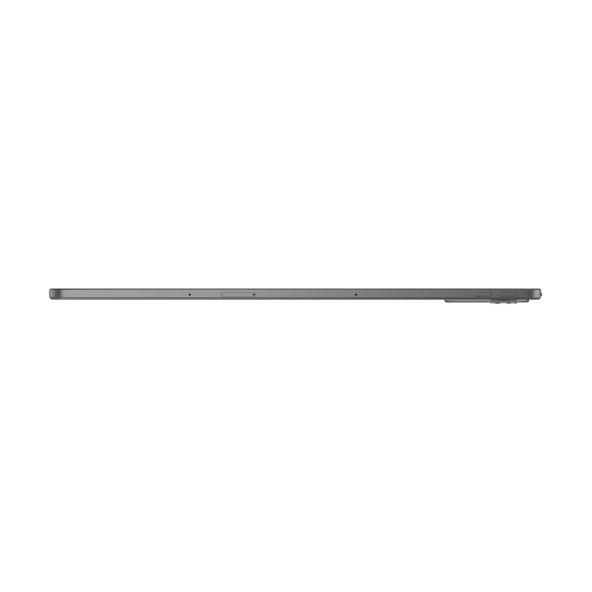 Seitenansicht eines grauen Tablets vor schwarzem Hintergrund. Das Tablet ist dünn und hat ein paar Knöpfe und eine Kamera.