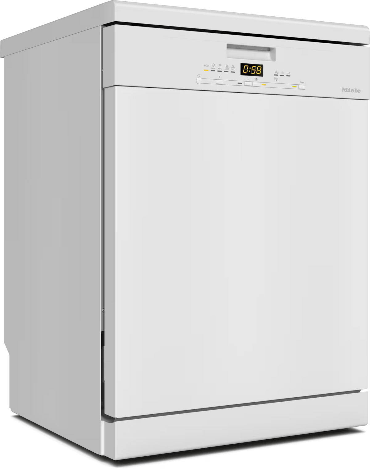 Un lavavajillas blanco Miele. Tiene una pantalla digital que muestra 0:58. La marca es visible a la derecha.