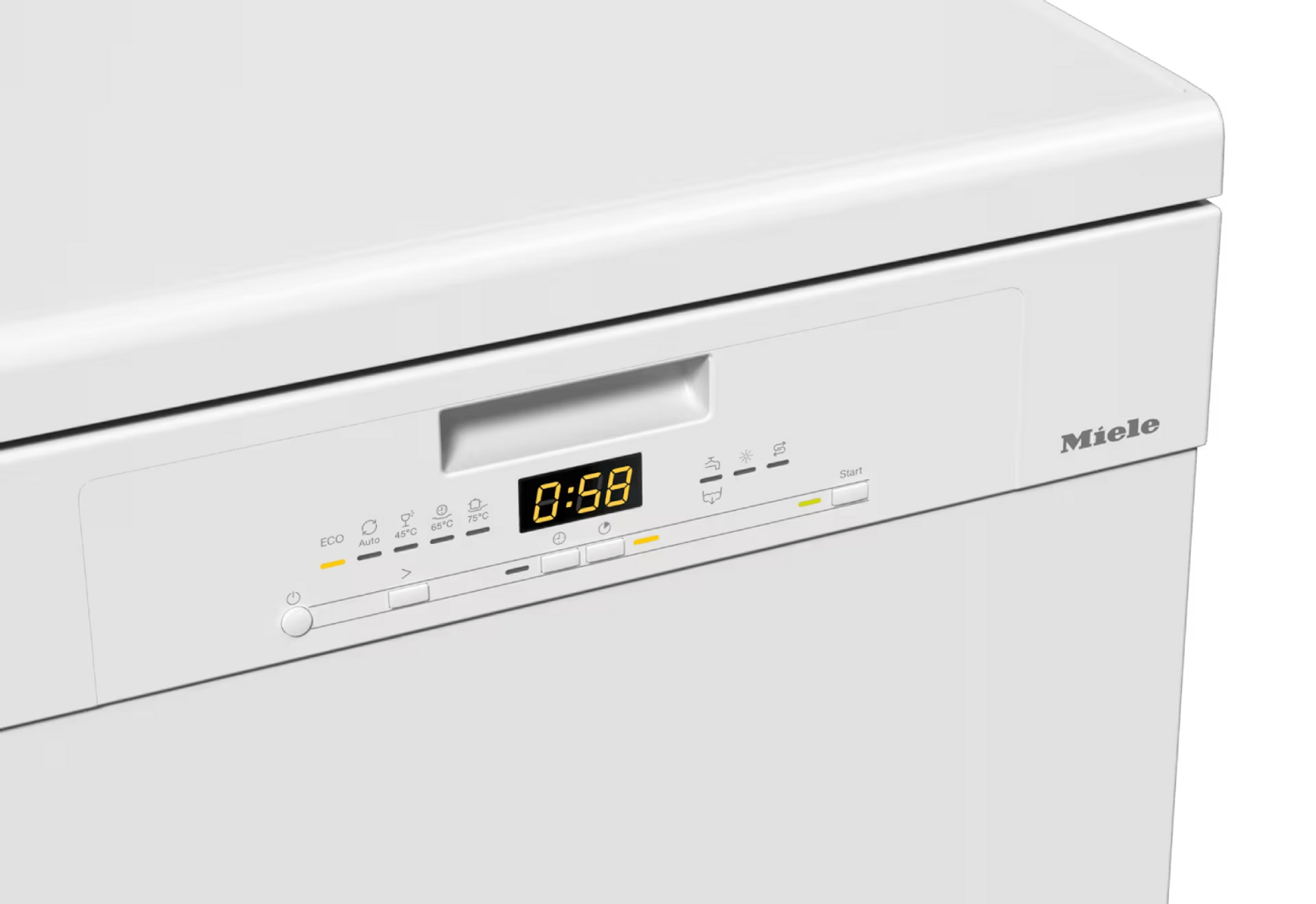 Panel de control blanco de lavavajillas Miele que muestra 0:58. Botones eco, auto, temperaturas y inicio son visibles.