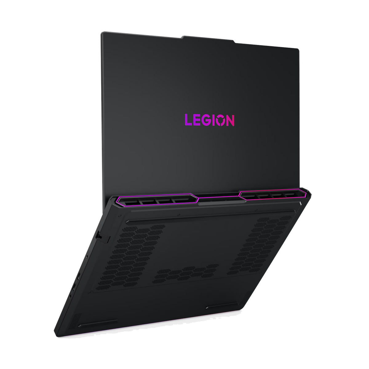 Portátil Legion negro, ligeramente abierto. El logotipo de Legion brilla en morado. Los bordes tienen iluminación púrpura.