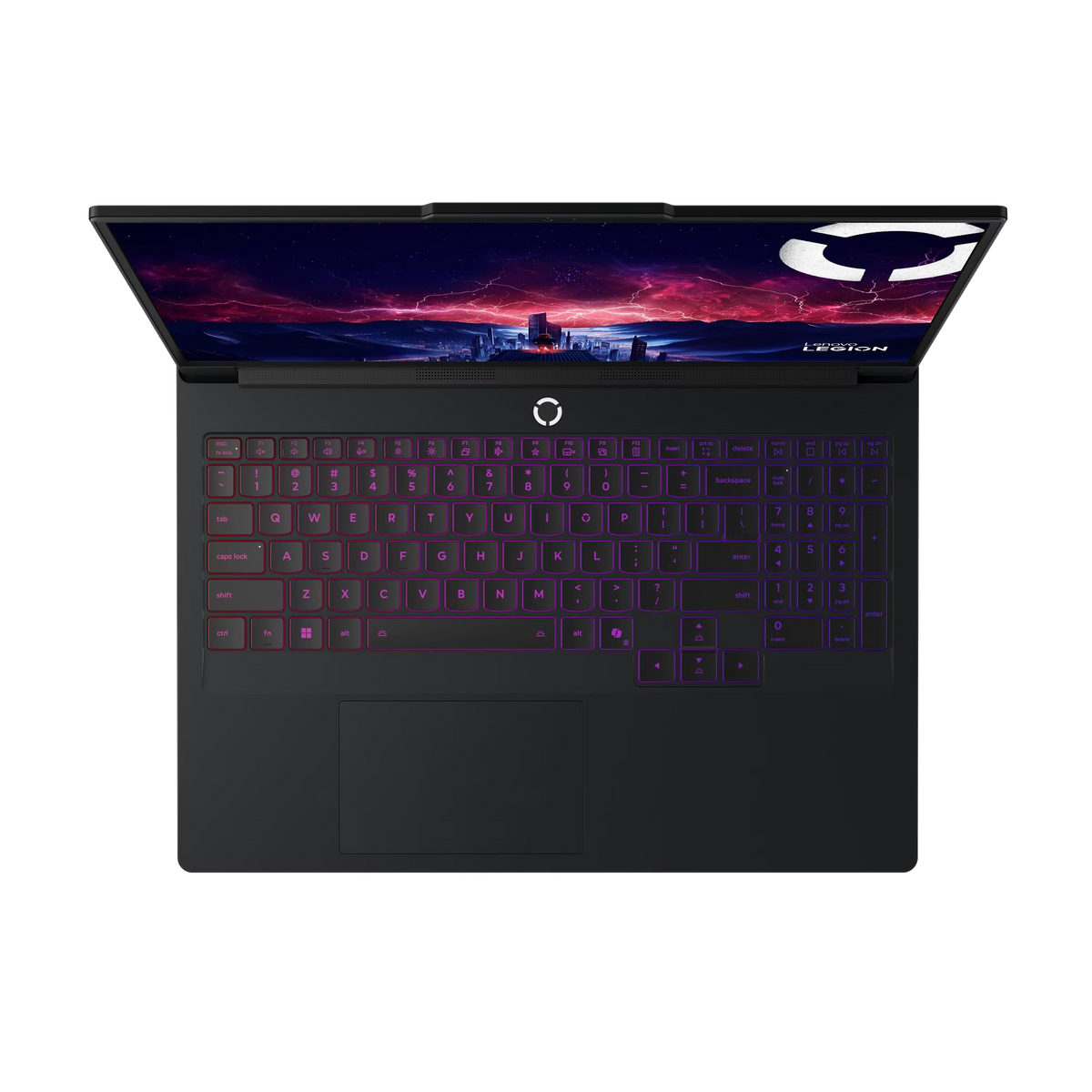 Portátil negro con teclado iluminado, abierto para mostrar un paisaje urbano. El logotipo de Legion es visible. El teclado se ilumina en rosa.