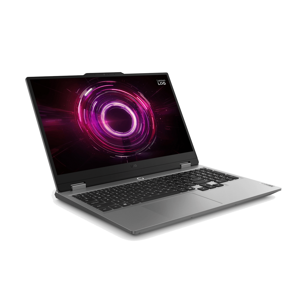 Un portátil Lenovo gris está abierto, mostrando un diseño circular rosa y morado en la pantalla. El fondo es negro.