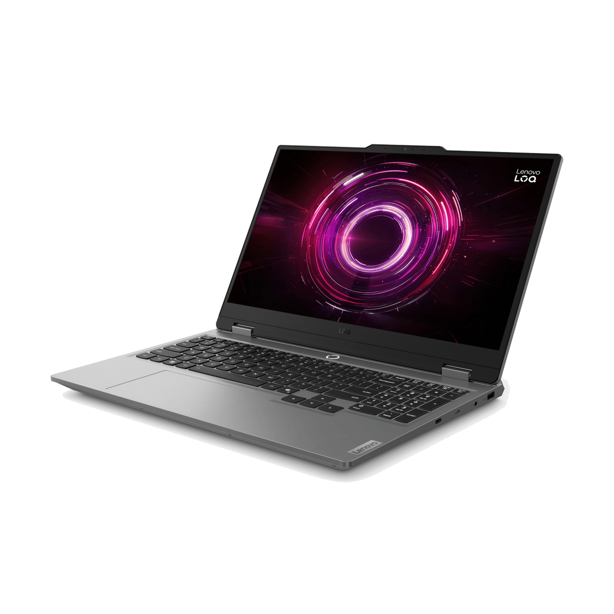 Un portátil Lenovo Loq con cuerpo gris, abierto para mostrar teclado y pantalla. La pantalla muestra un gráfico rosa y morado.