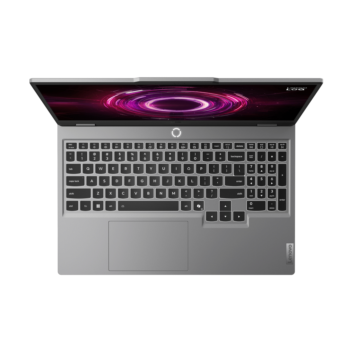 Vista superior de un portátil plateado. La pantalla muestra un gráfico rosa/morado. Teclado visible con el logotipo de Lenovo abajo a la derecha.