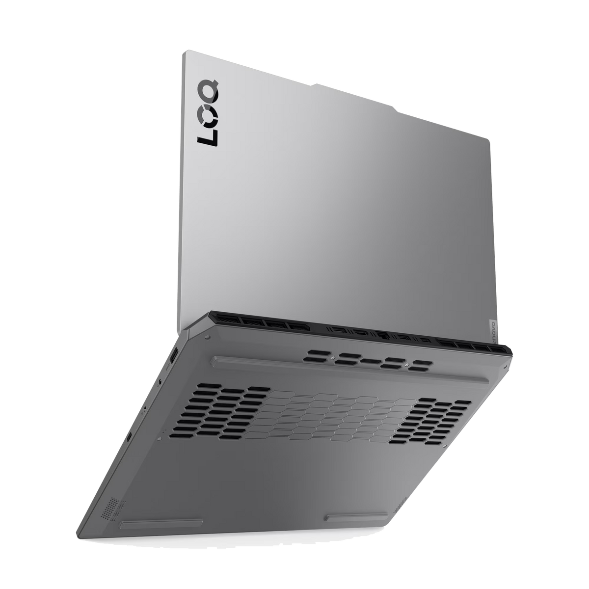 Un portátil gris está en ángulo, mostrando la parte inferior y trasera. El logotipo de Lenovo LOQ es visible. El fondo es negro.