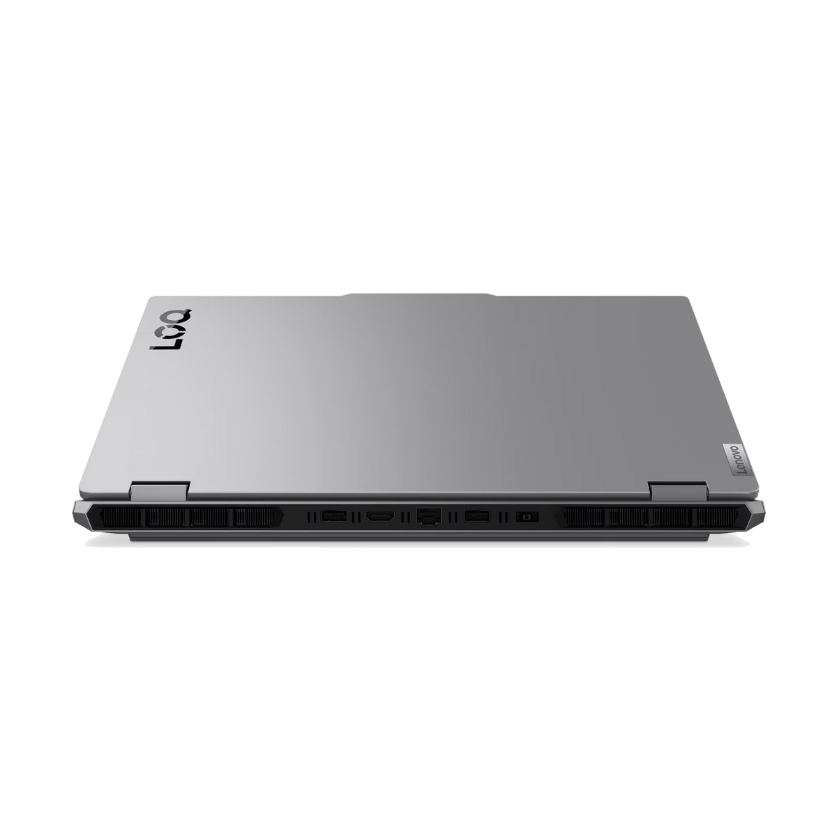 Un portátil Lenovo gris en una foto de estudio. Se ve la parte superior del portátil, con el logotipo de Legion y la marca Lenovo.