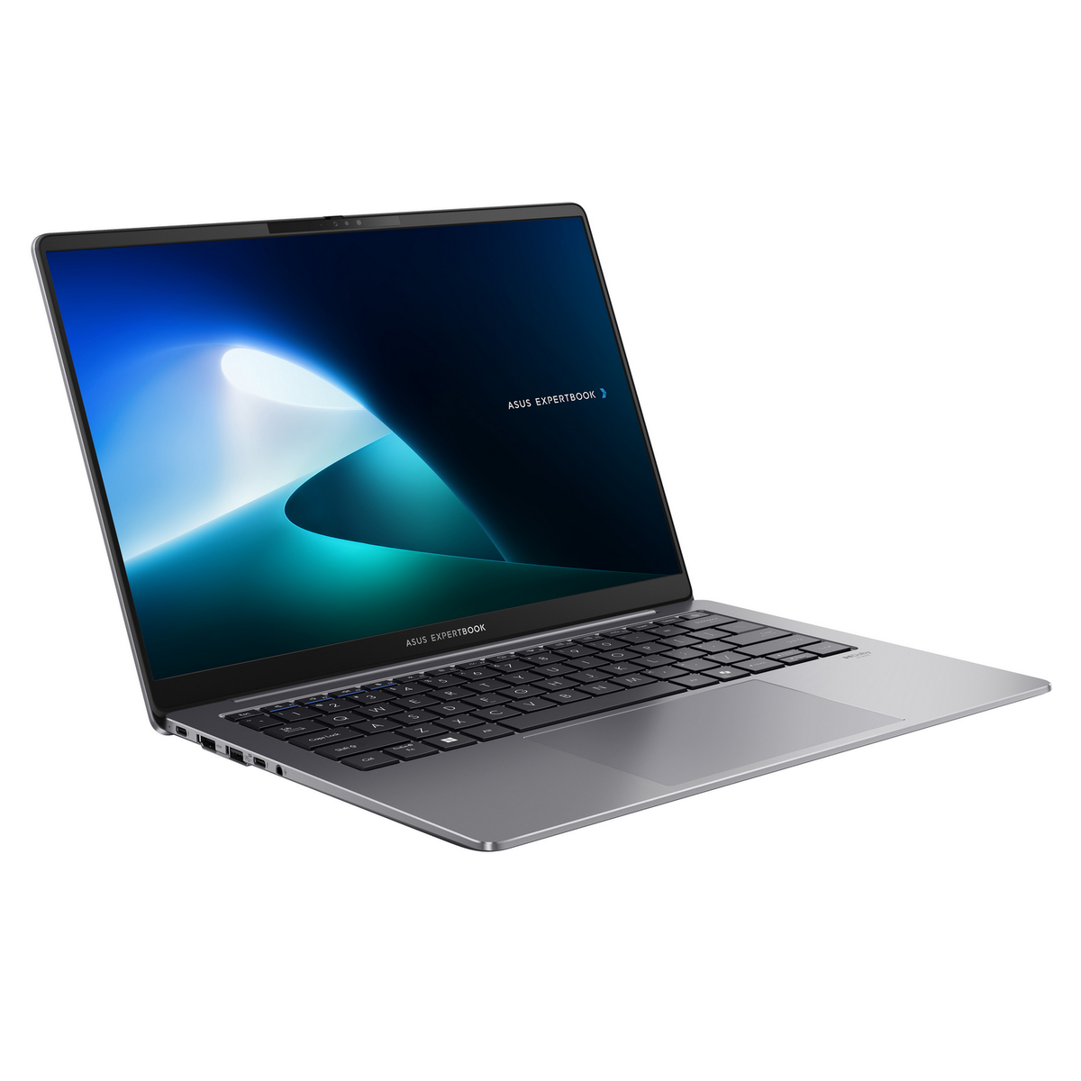 Una laptop plateada Asus Expertbook está abierta. La pantalla muestra un diseño abstracto azul y verde. El teclado es visible.