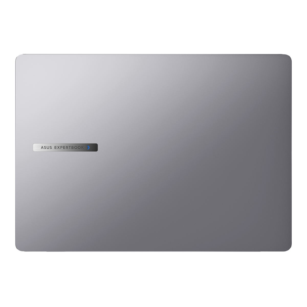 Tapa de portátil gris con el logotipo ASUS EXPERTBOOK. La tapa tiene esquinas redondeadas y un color degradado de gris claro a oscuro.