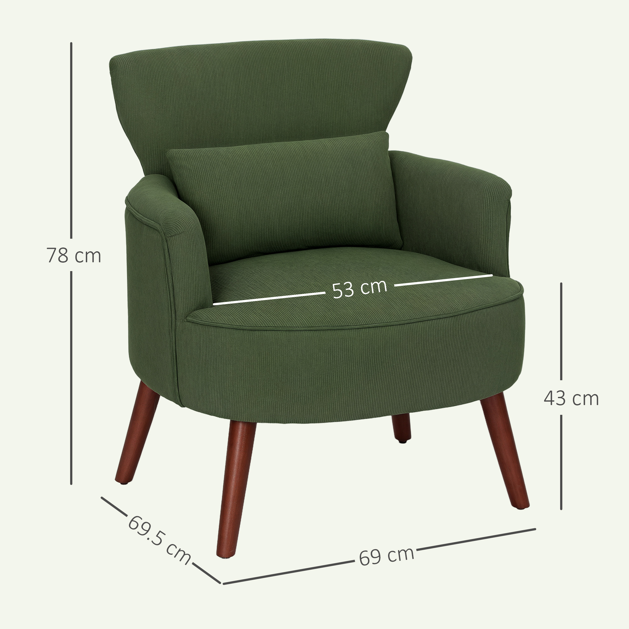 Poltrona verde con cuscino. Ha gambe in legno e dimensioni etichettate. La poltrona è su sfondo bianco.