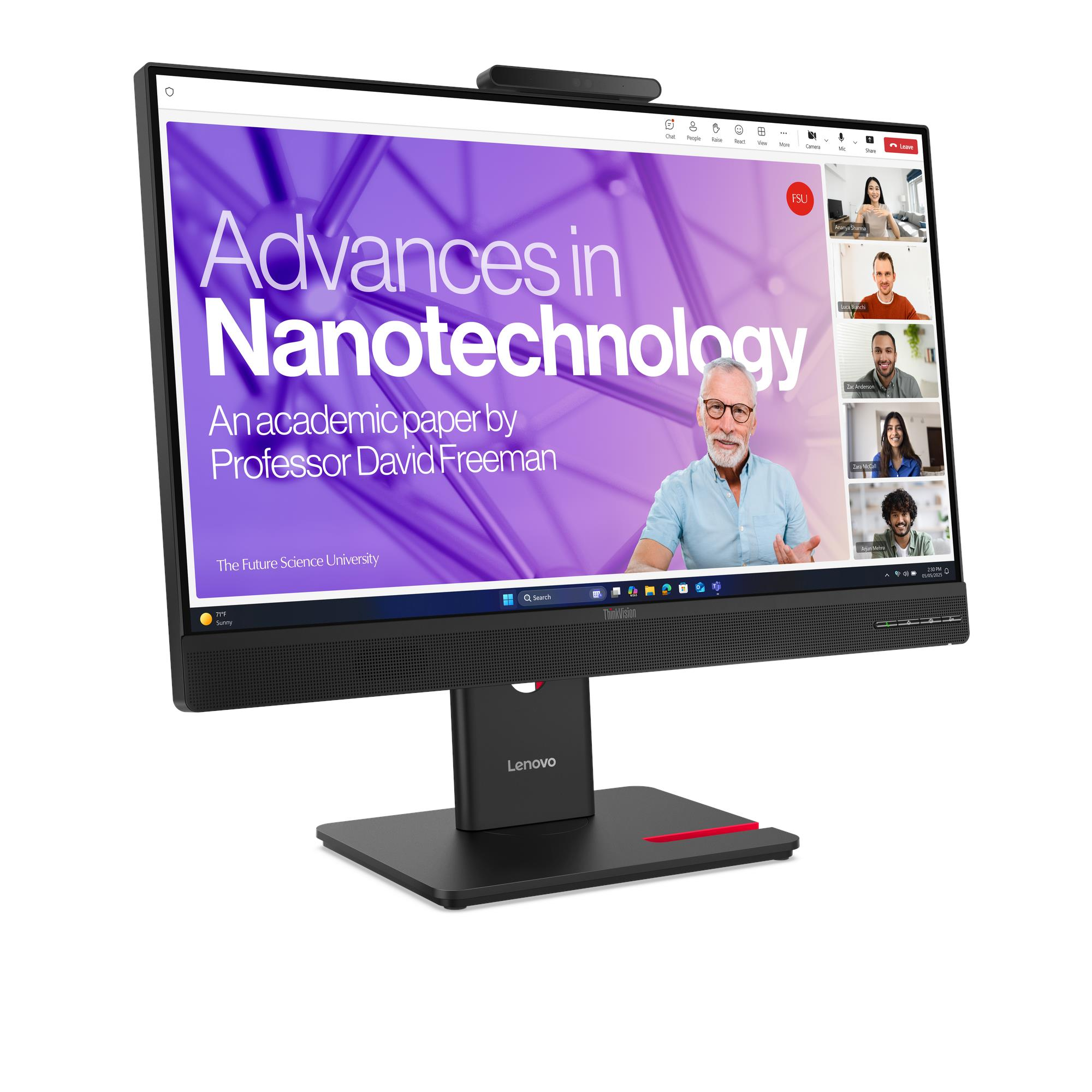 A Lenovo monitor displays a presentation about nanotechnology, with a video call on the right side.