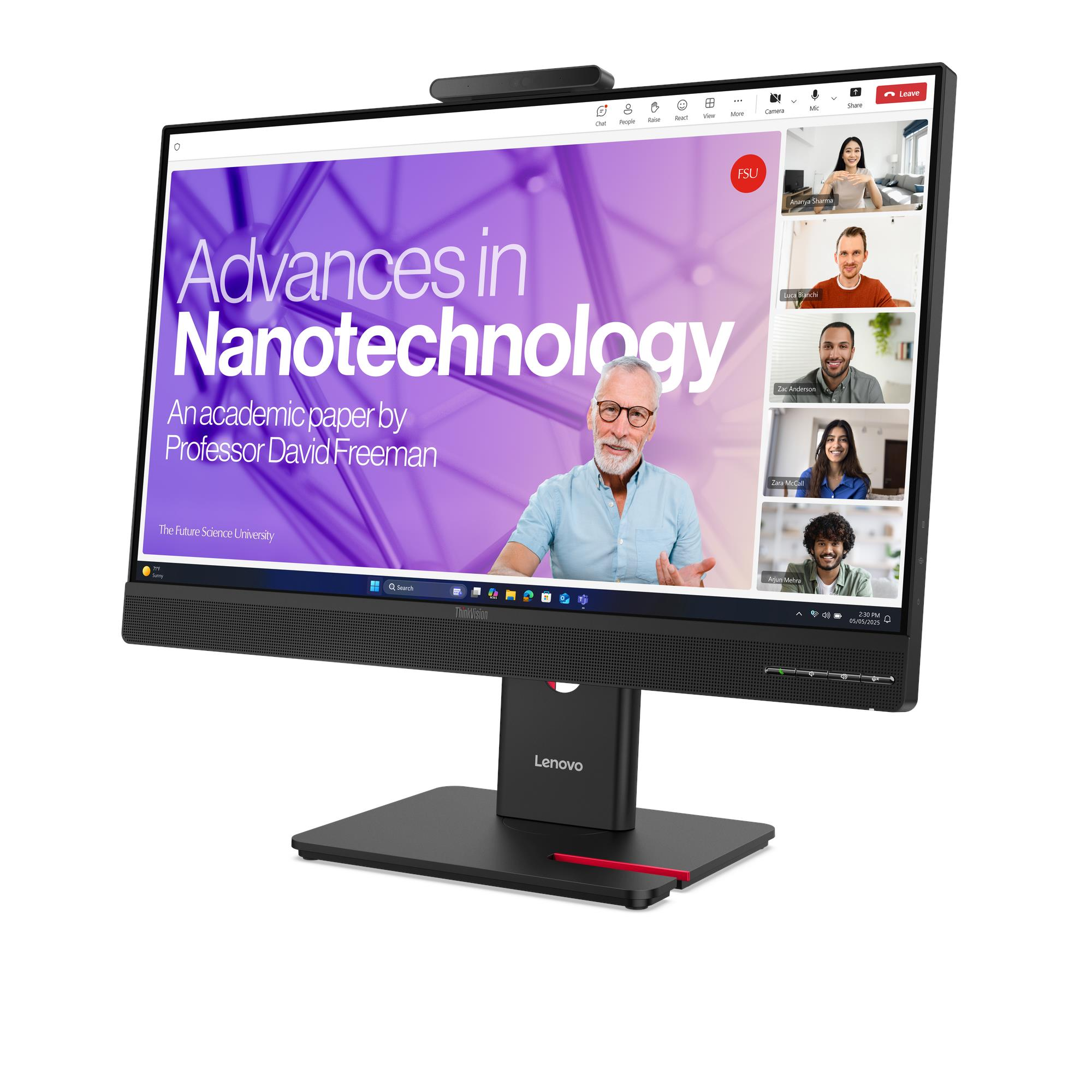 A Lenovo monitor displays a video call about nanotechnology. Speakers and a webcam are visible.