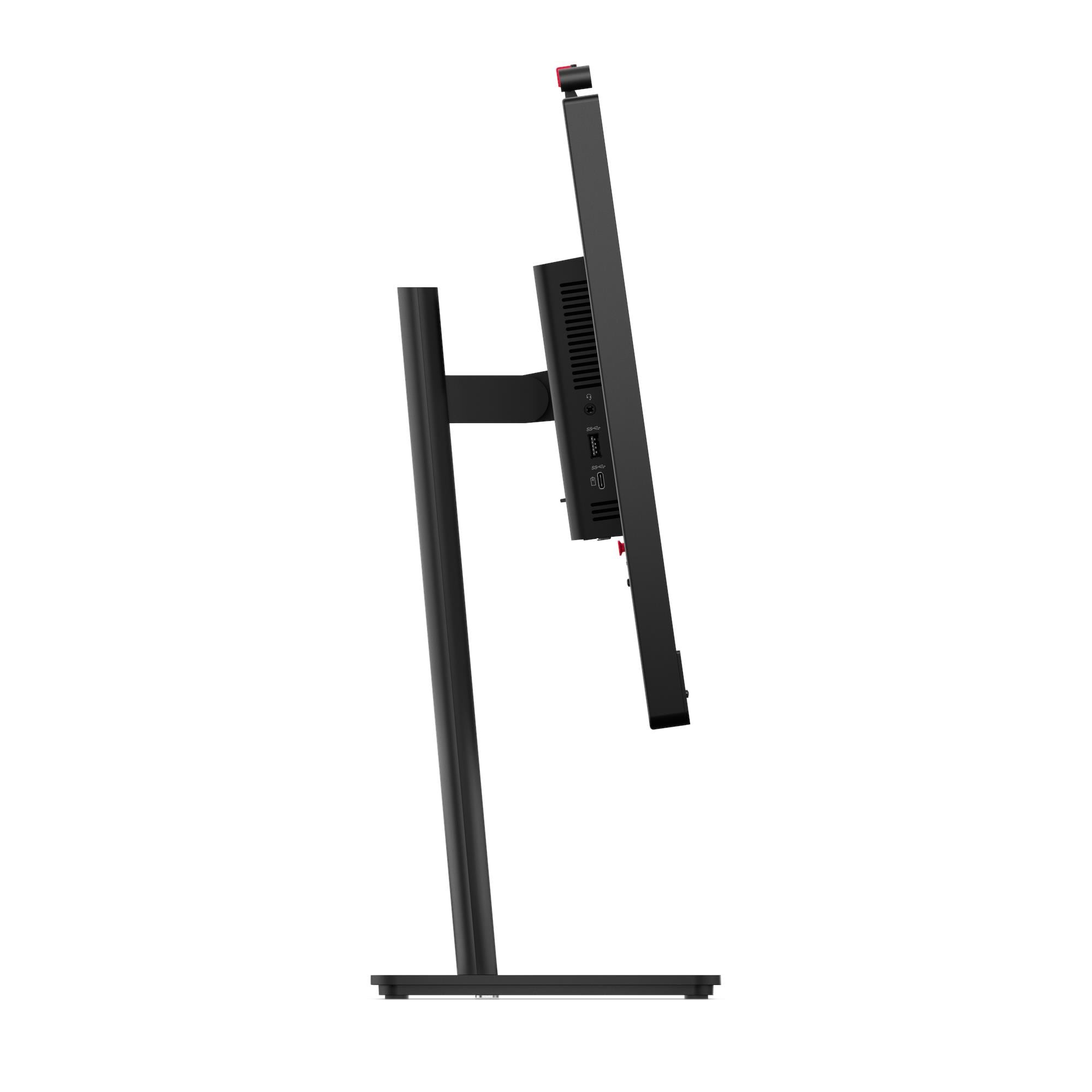 A black computer monitor, tilted slightly, is shown on a white background. It has a stand and ports visible on the side.