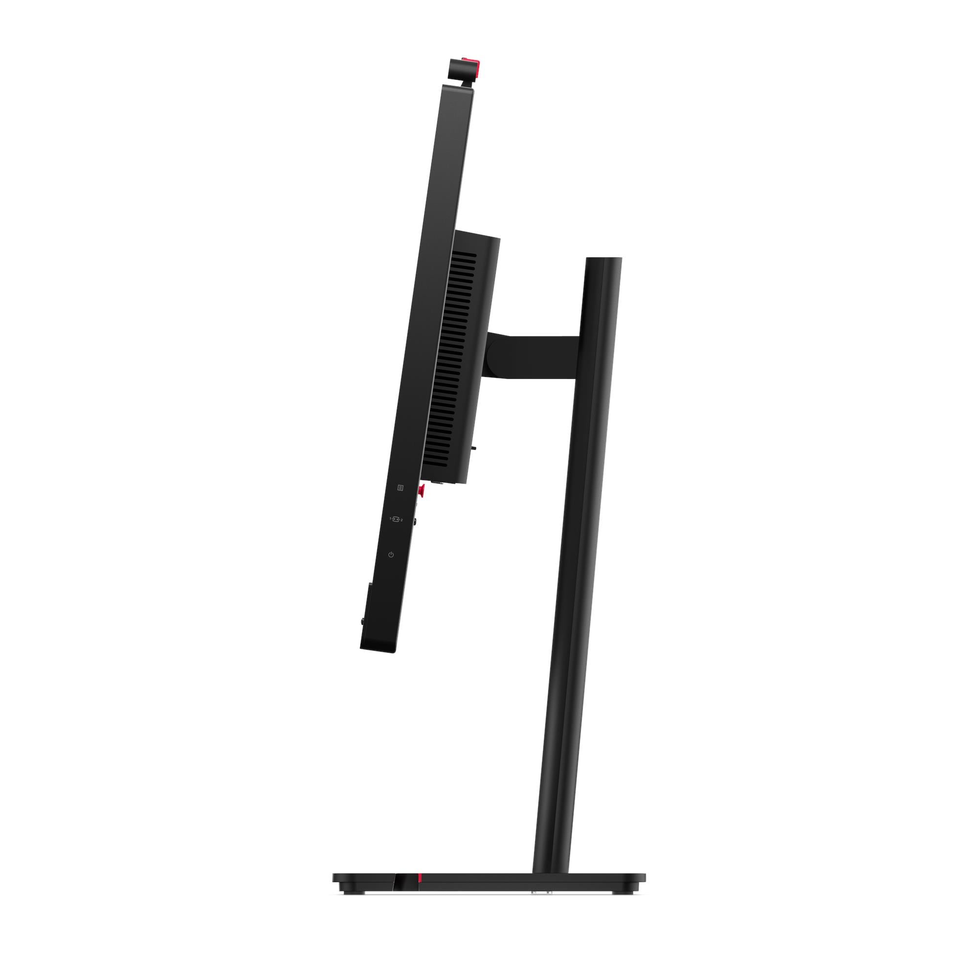 A side view of a black computer monitor on a black stand. The screen is angled. Red accents are visible.
