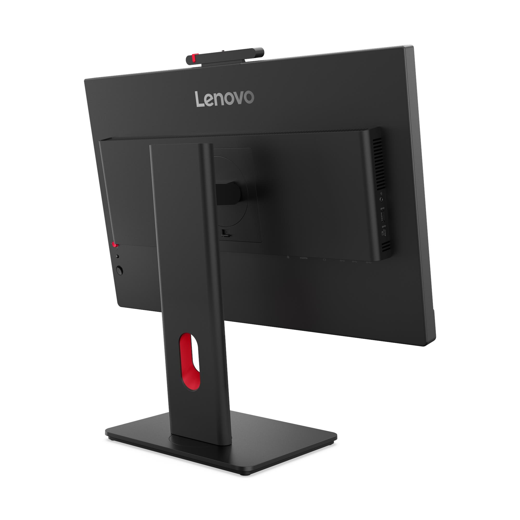 Rear view of a black Lenovo monitor with red accents. Includes a webcam and ports. The base is black.