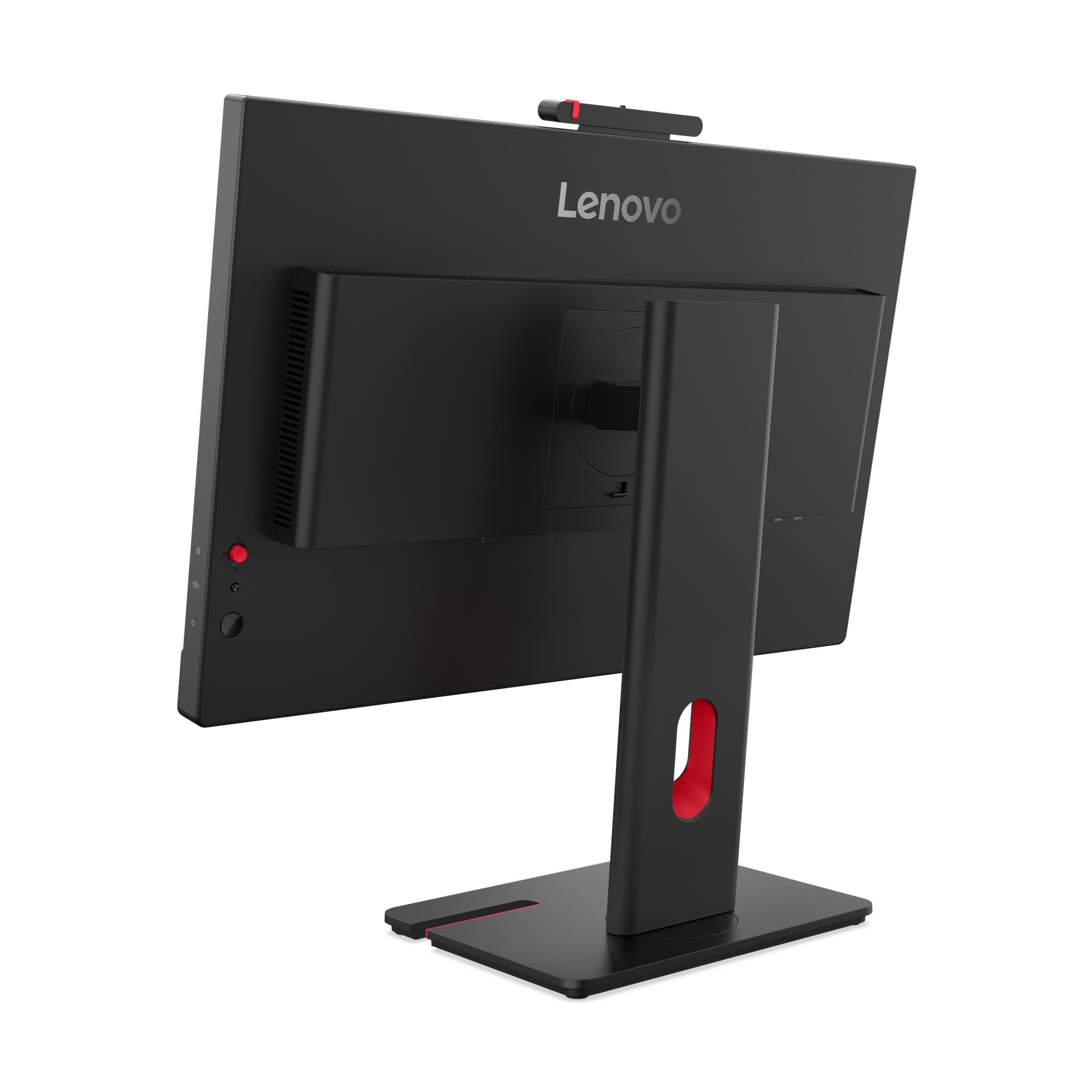 Rear view of a black Lenovo monitor with red accents. Includes webcam, stand, and power button.
