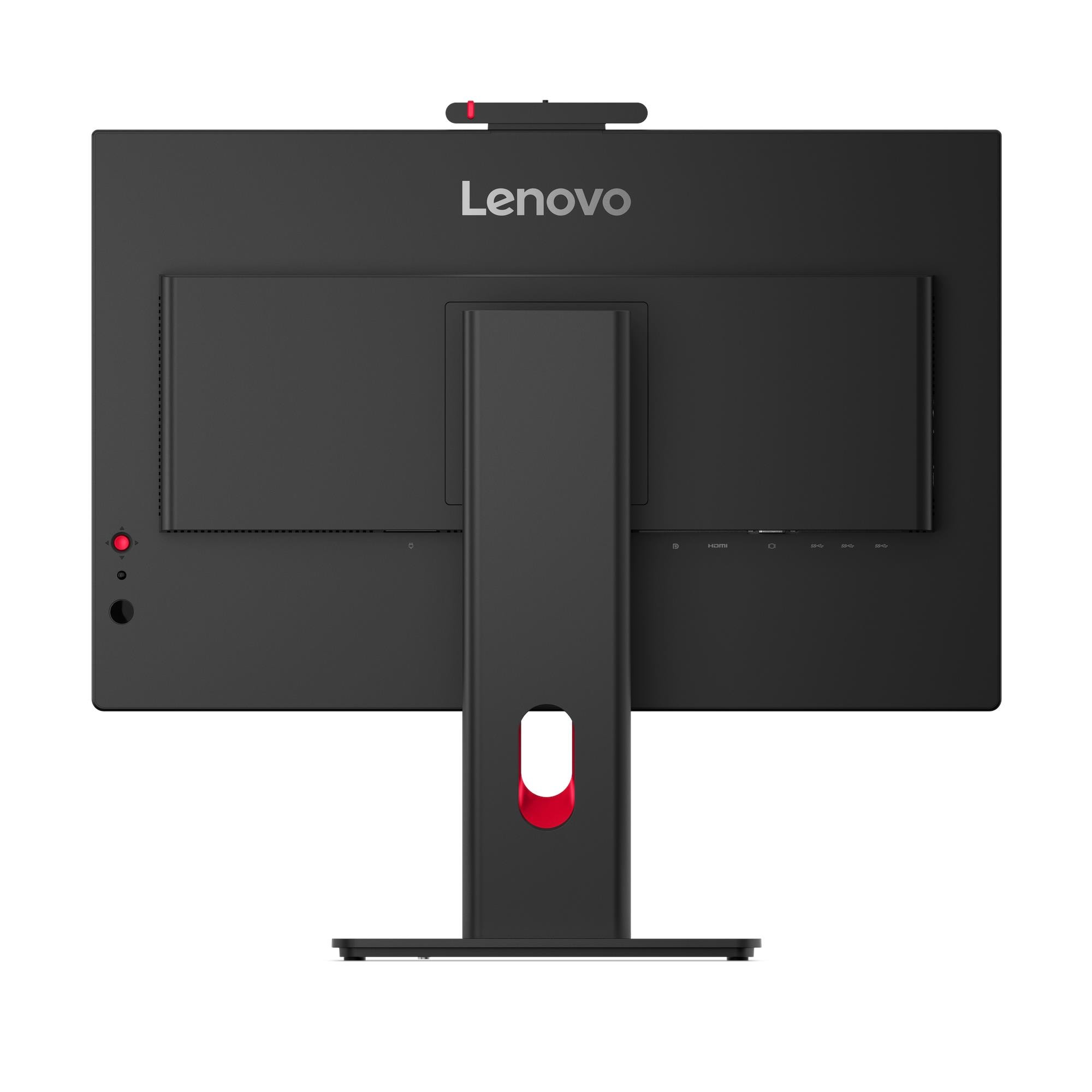 Black Lenovo monitor back view. Has a stand, red accents, and a webcam.  The screen is dark.