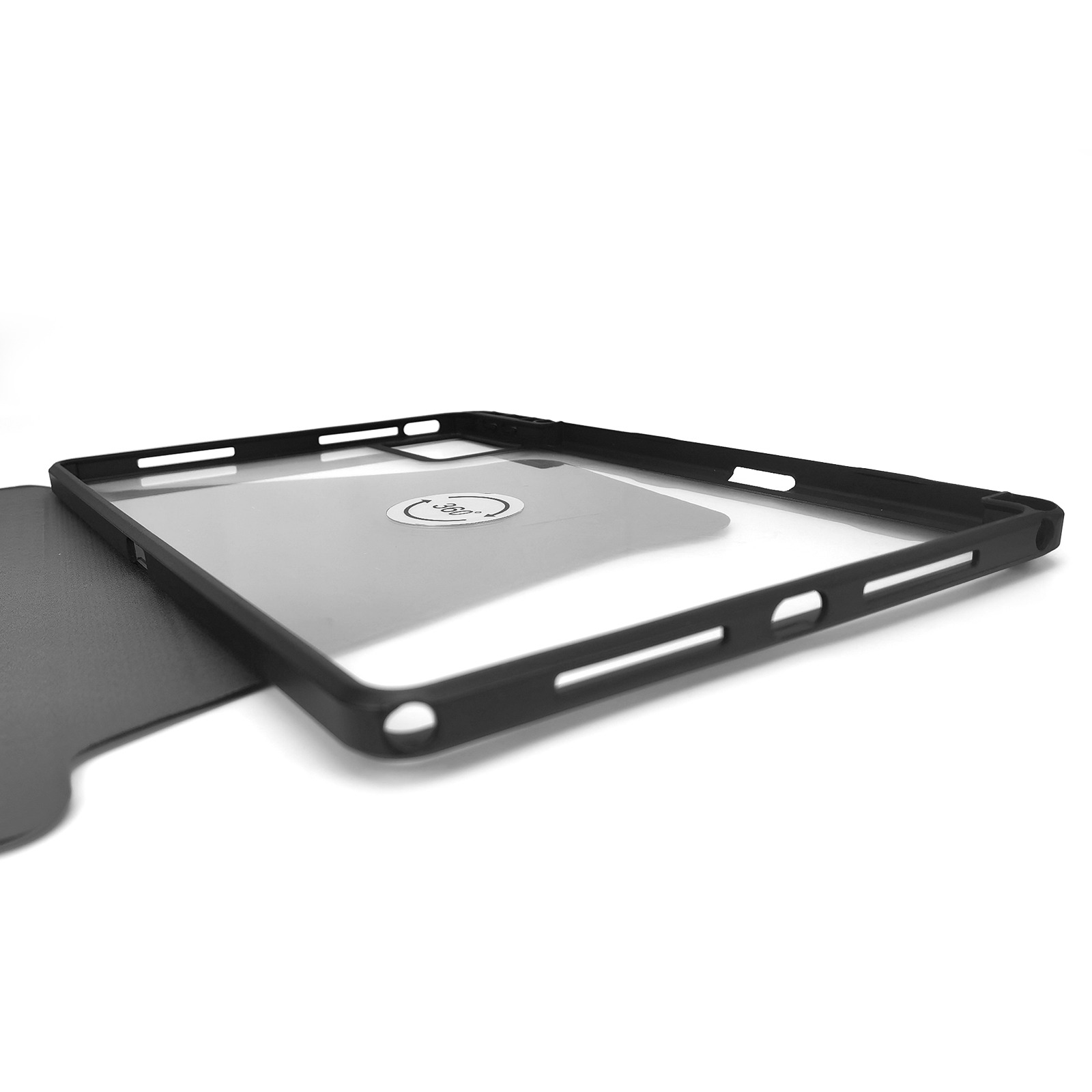 Custodia nera per tablet con schermo trasparente, aperta. Sfondo bianco.