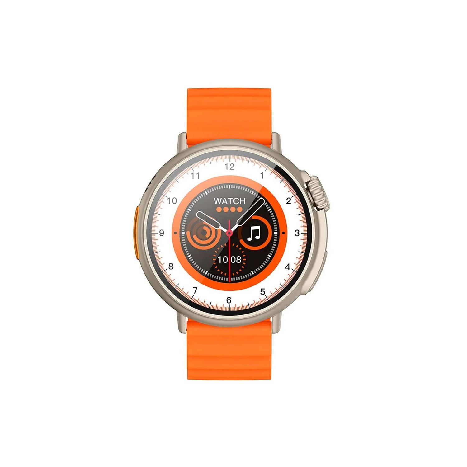 Uno smartwatch con cinturino arancione mostra l'ora 10:08. Il quadrante è nero con segni bianchi.