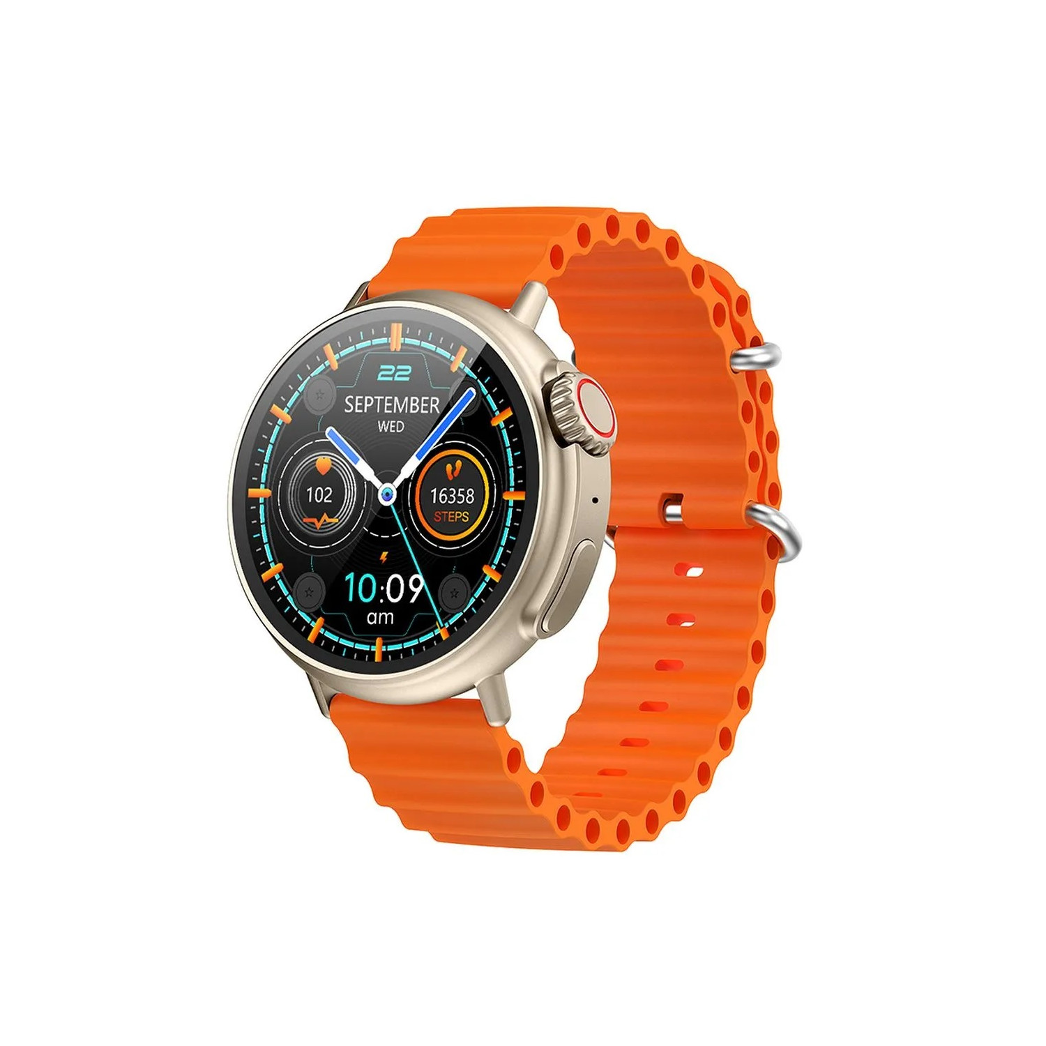 Uno smartwatch con cinturino arancione. Il quadrante mostra la data 22 settembre, l'ora 10:09 e 16358 passi.