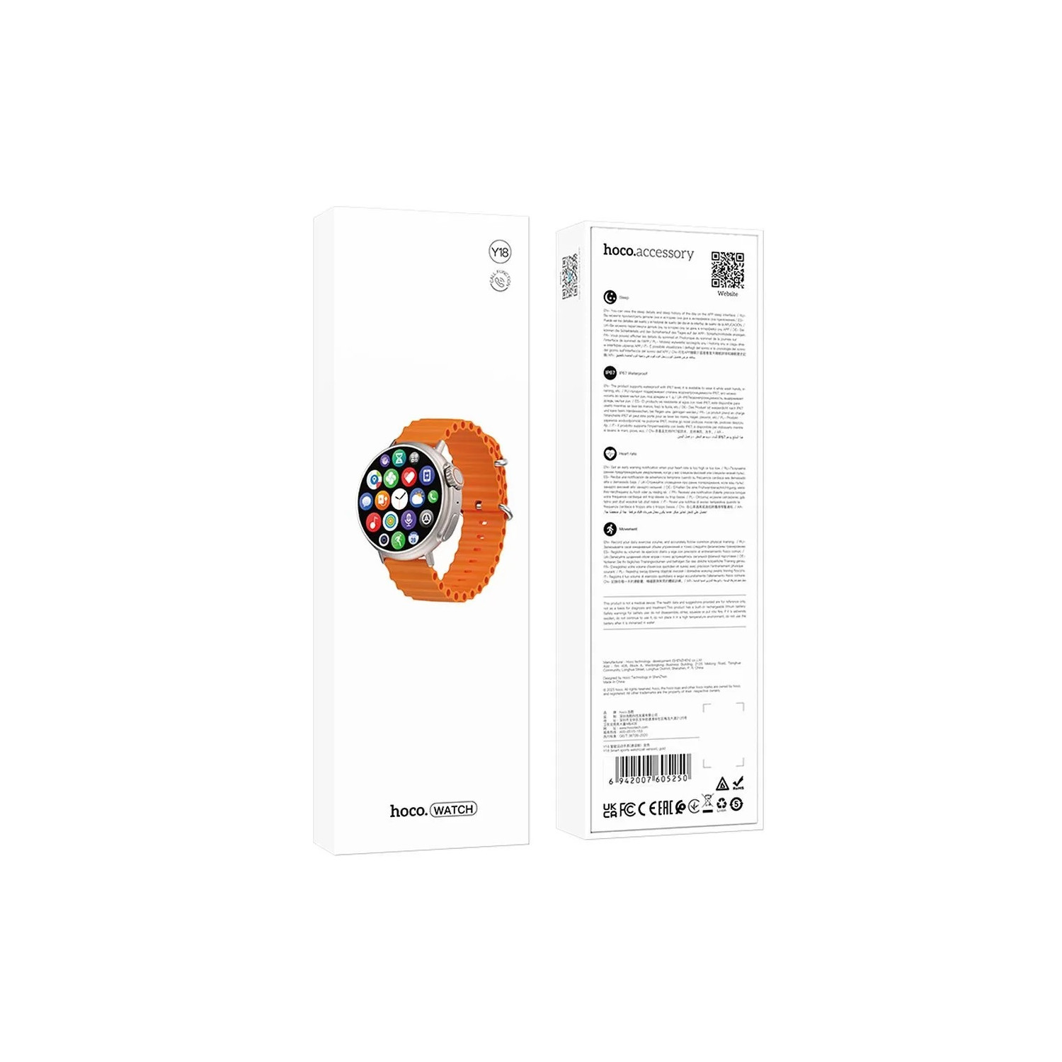 Una scatola bianca con uno smartwatch con cinturino arancione. Lo smartwatch è davanti. Testo sul lato.