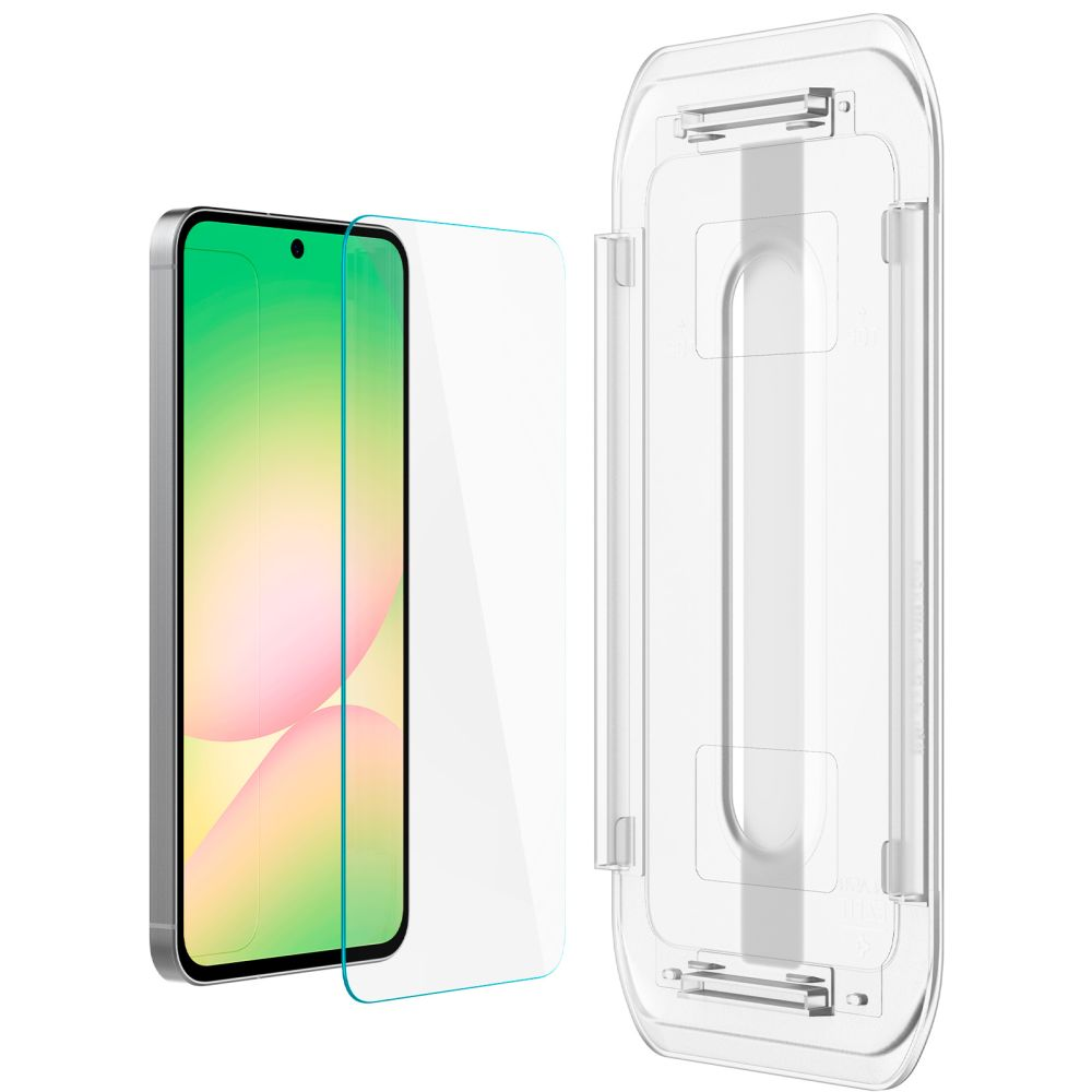 Un smartphone avec protecteur d'écran et outil d'alignement. Le téléphone est argenté, l'écran affiche des formes roses. Le protecteur est transparent.
