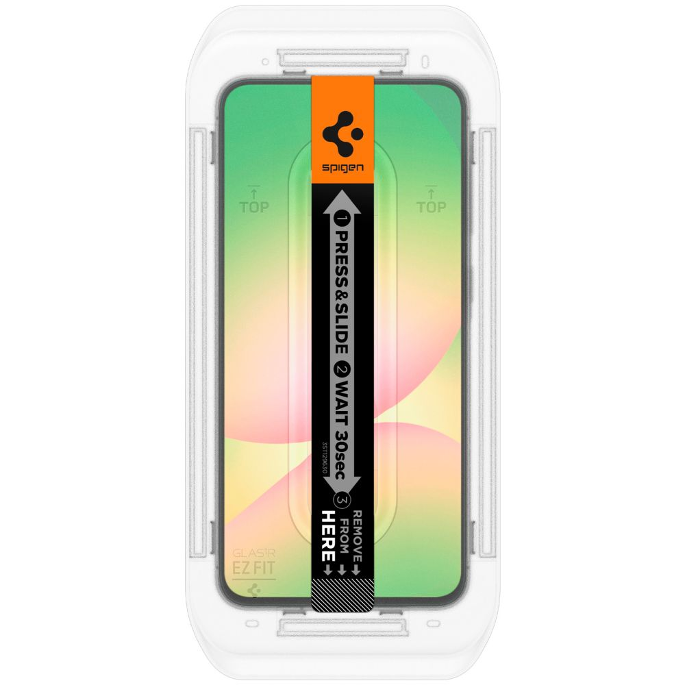 Un kit de protection d'écran de téléphone. Instructions : appuyez et faites glisser, attendez 30 secondes, puis retirez. La marque Spigen est visible.