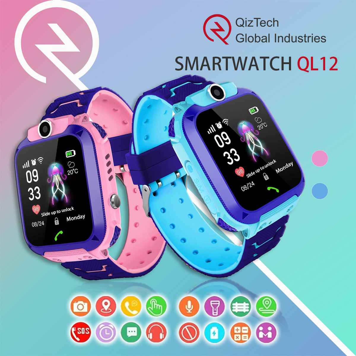 Zwei Smartwatches nebeneinander. Eine pink, eine blau. Beide zeigen Zeit, Datum und andere Infos auf dem Bildschirm.