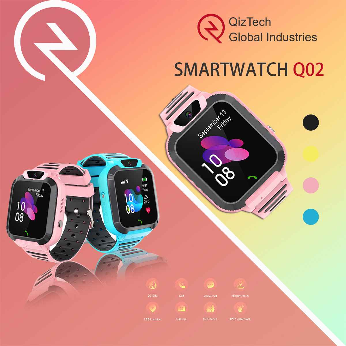 Rosa und blaue Smartwatches im Display. Die rosa Uhr steht im Fokus und zeigt Datum und Uhrzeit an. Hintergrund mit Symbolen und Text.