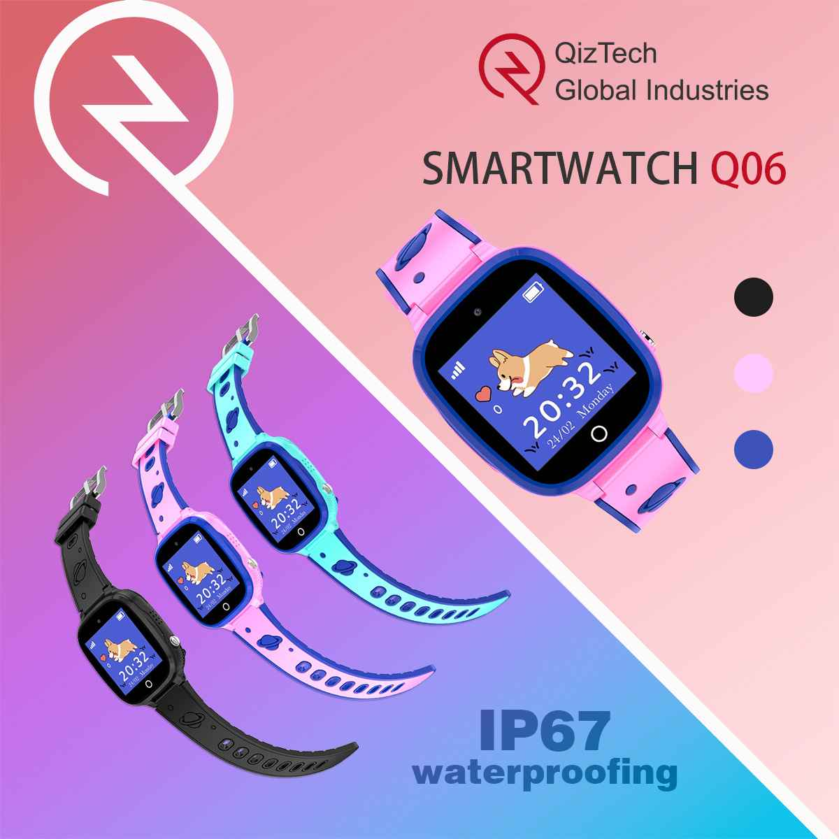 Smartwatches in Schwarz, Pink und Blau. Jede zeigt Zeit, einen Hund und das Datum an. Text enthält QizTech, Smartwatch Q06 und IP67.