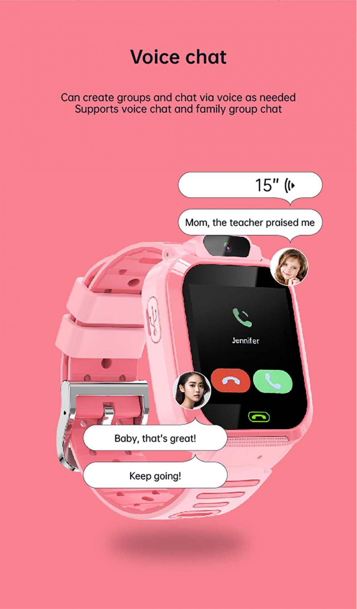 Rosa Smartwatch mit eingehendem Anruf von Jennifer. Sprechblasen mit Text auf pinkem Hintergrund.