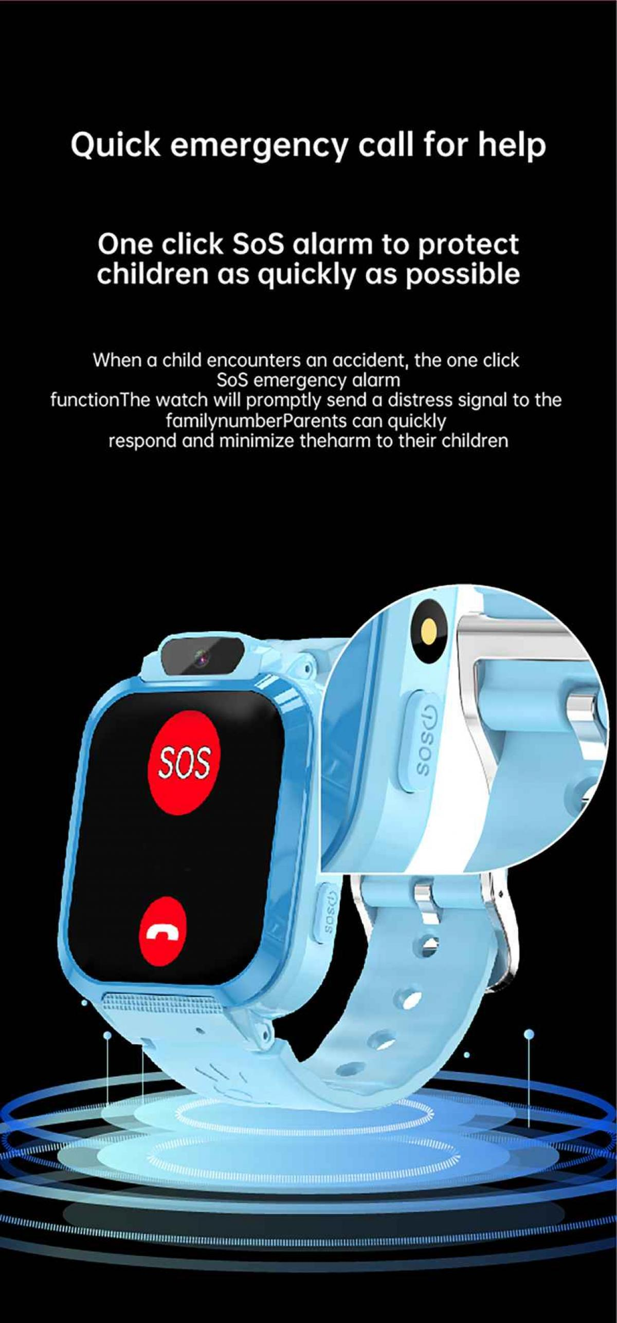 Blaue Smartwatch mit SOS-Taste. Text hebt Notfallfunktionen für Kinder hervor.