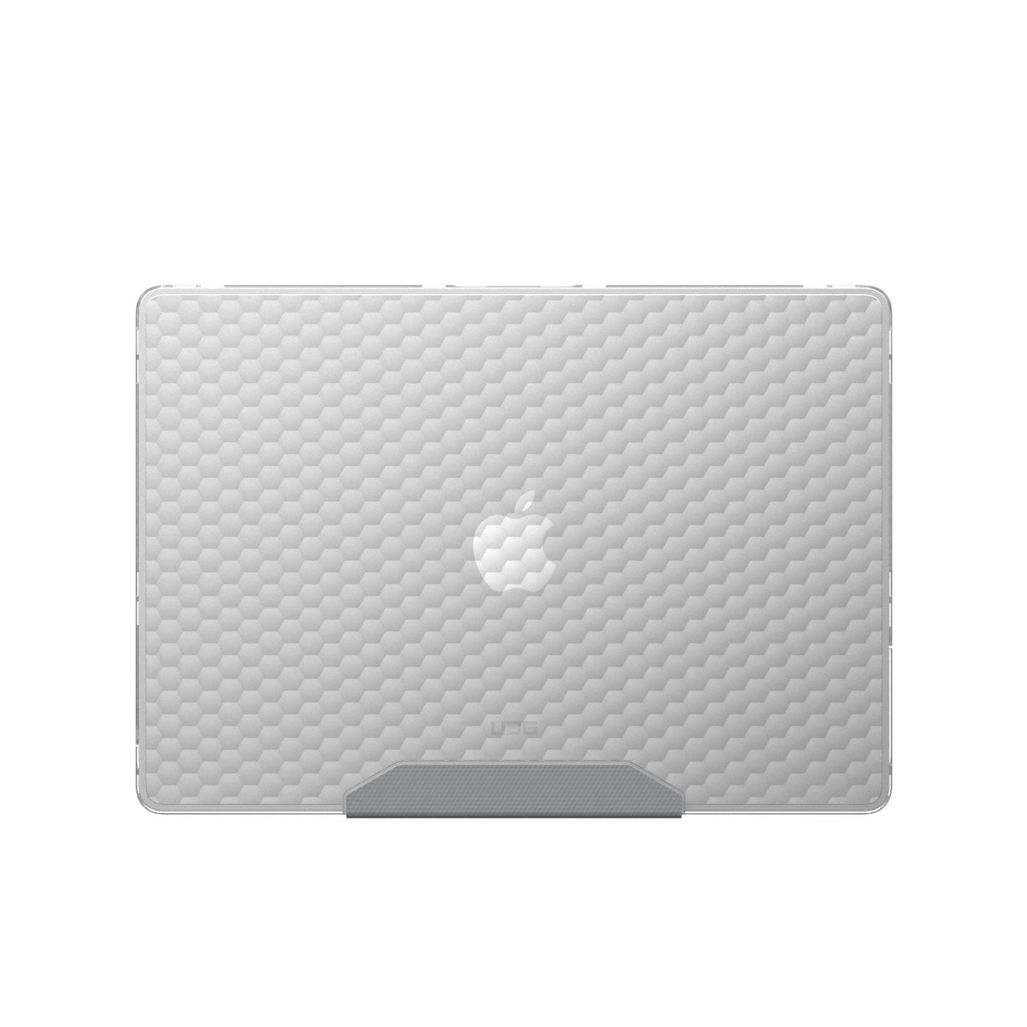 Transparente Laptop-Hülle mit Wabenmuster und Apple-Logo. Mit grauem Ständer. Weißer Hintergrund.
