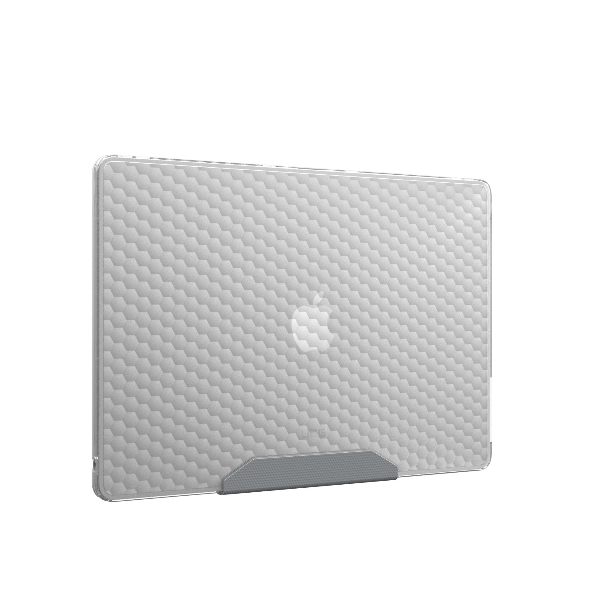 Eine durchsichtige Laptop-Hülle mit Wabenmuster. Das Apple-Logo ist sichtbar. Sie hat einen grauen Ständer.