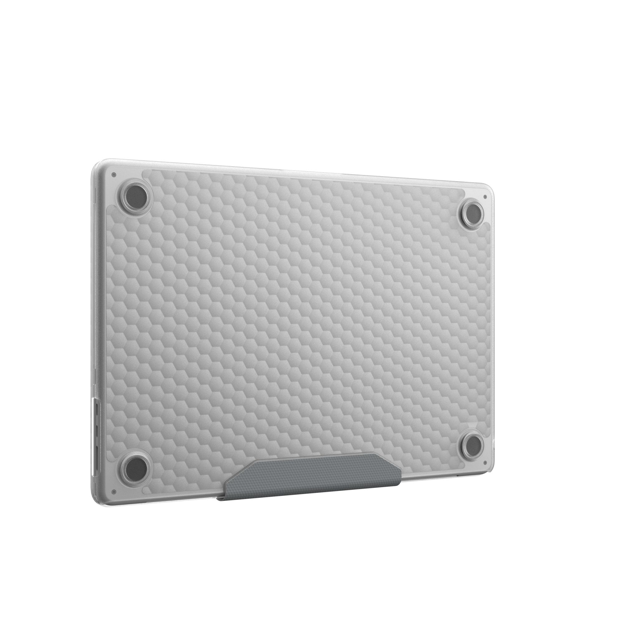 Eine graue Laptop-Hülle mit Wabenmuster und einem grauen Ständer wird vor weißem Hintergrund gezeigt.
