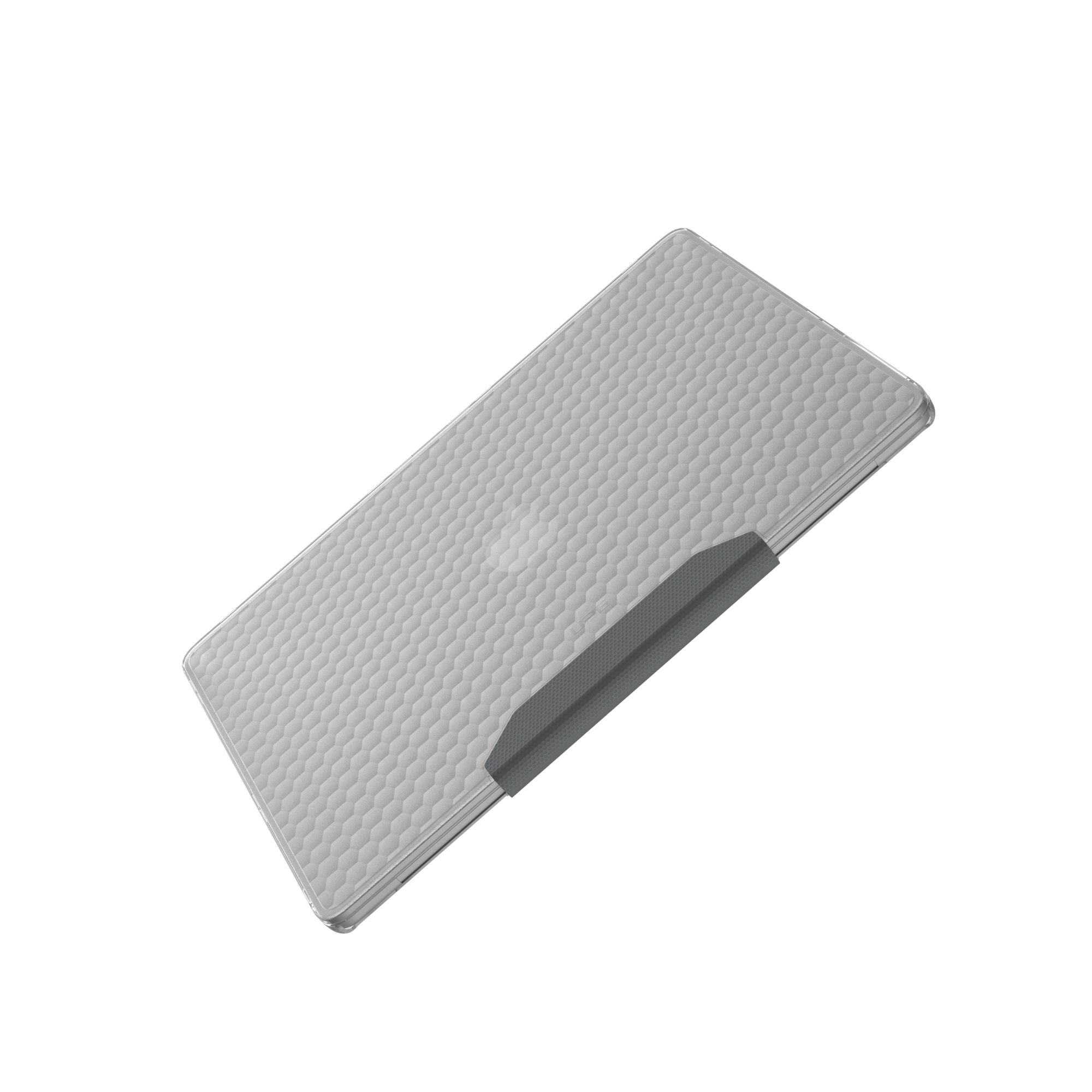 Eine graue Tablet-Hülle mit strukturierter Oberfläche und einem grauen Band. Weißer Hintergrund.