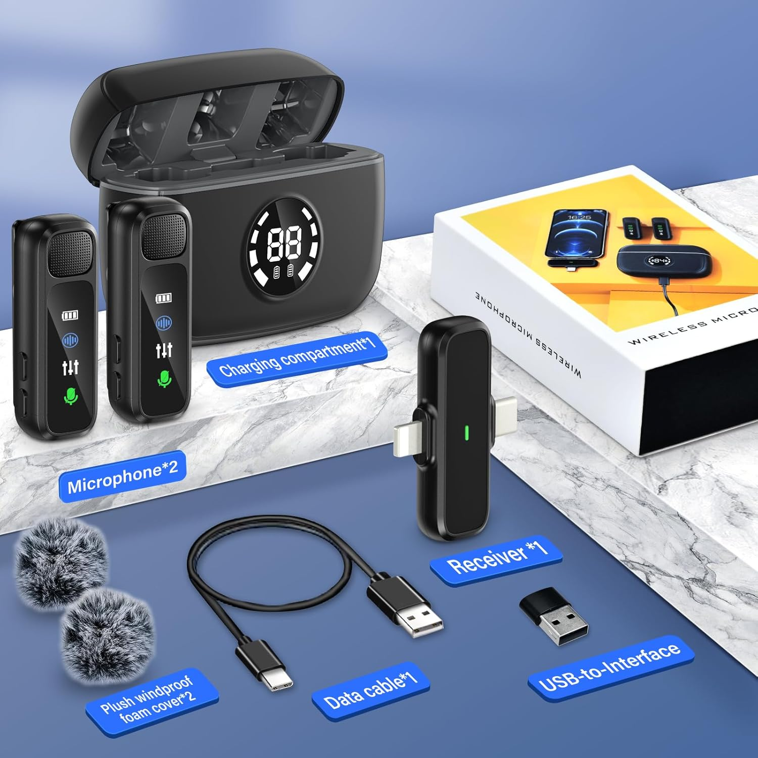 Ein Set aus schwarzen drahtlosen Mikrofonen, einem Ladekoffer, einem Empfänger, einem Datenkabel und einem USB-Adapter.