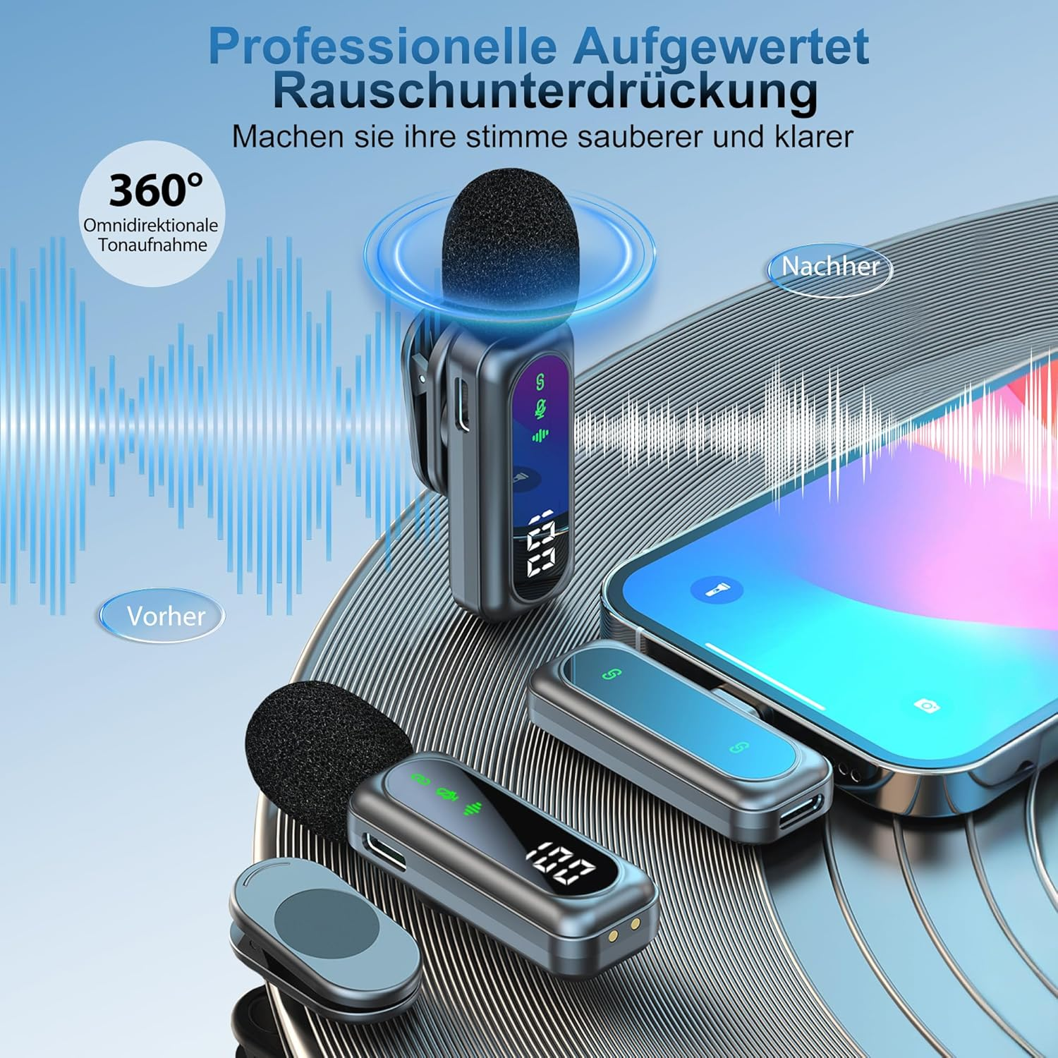 Ein Mikrofon mit Bildschirm zeigt 100. Andere Geräte und ein Telefon sind ebenfalls vorhanden. Text sagt 'Rauschunterdrückung'.