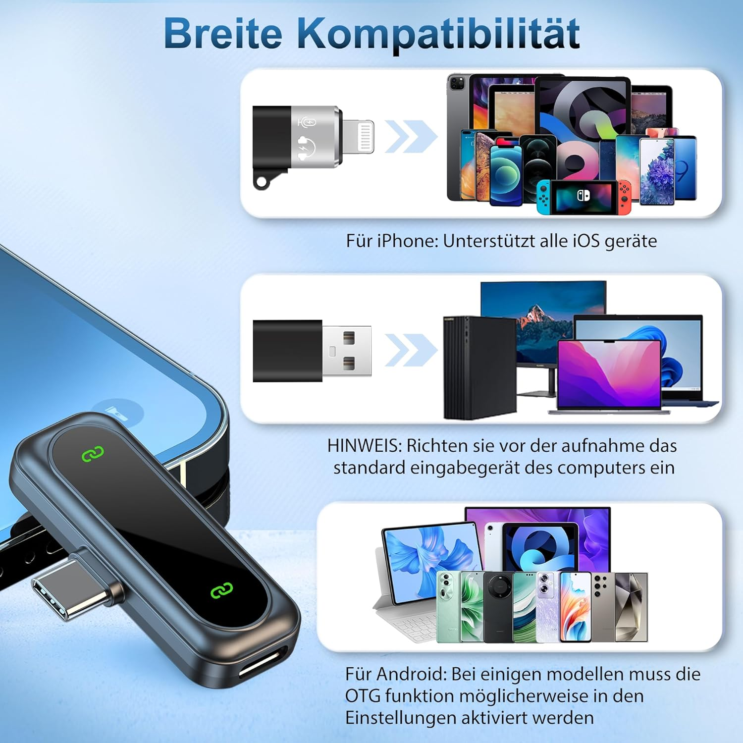 Das Bild zeigt einen schwarz-silbernen USB-C-Adapter. Es veranschaulicht die Kompatibilität mit iPhones, Android-Geräten und Computern.