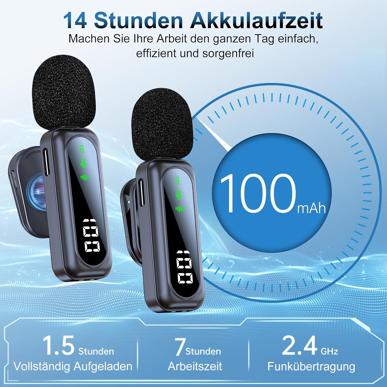 Zwei schwarze Mikrofone mit Digitalanzeigen, ein blauer Kreis mit 100 mAh und Text, der Akkulaufzeit und Funktionen angibt.