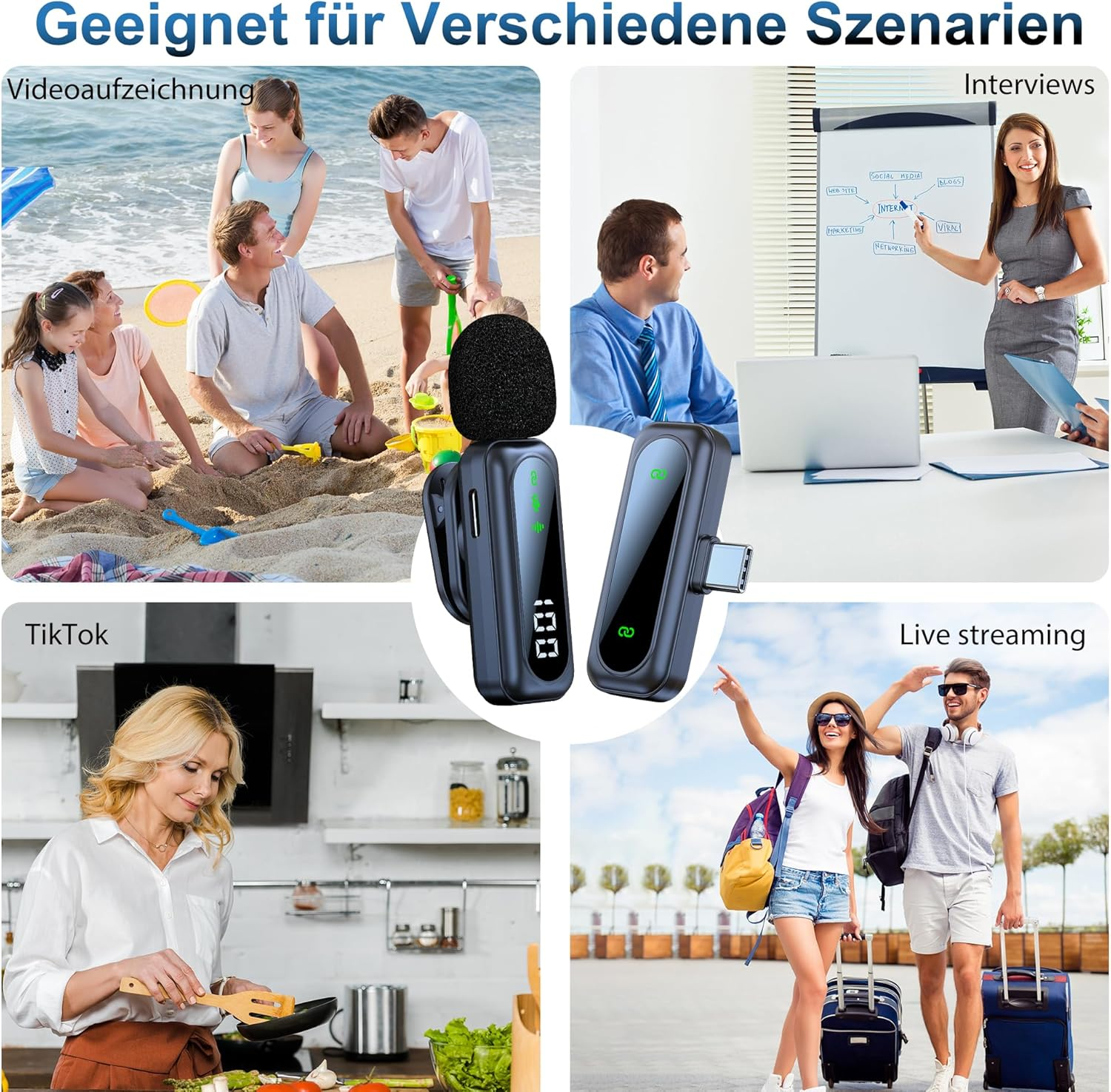 Das Bild zeigt verschiedene Szenarien mit einem Mikrofon: Strandaufnahme, Interview, TikTok und Live-Streaming mit Personen und Objekten.