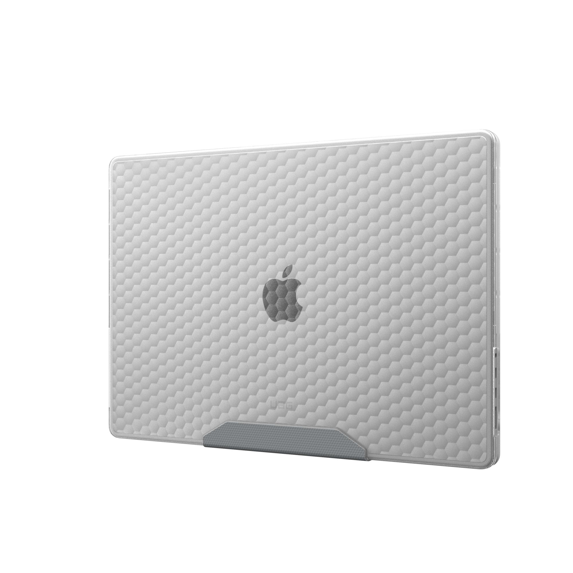 Szare etui na laptopa Apple z wzorem plastra miodu i logo Apple. Ma podstawkę.