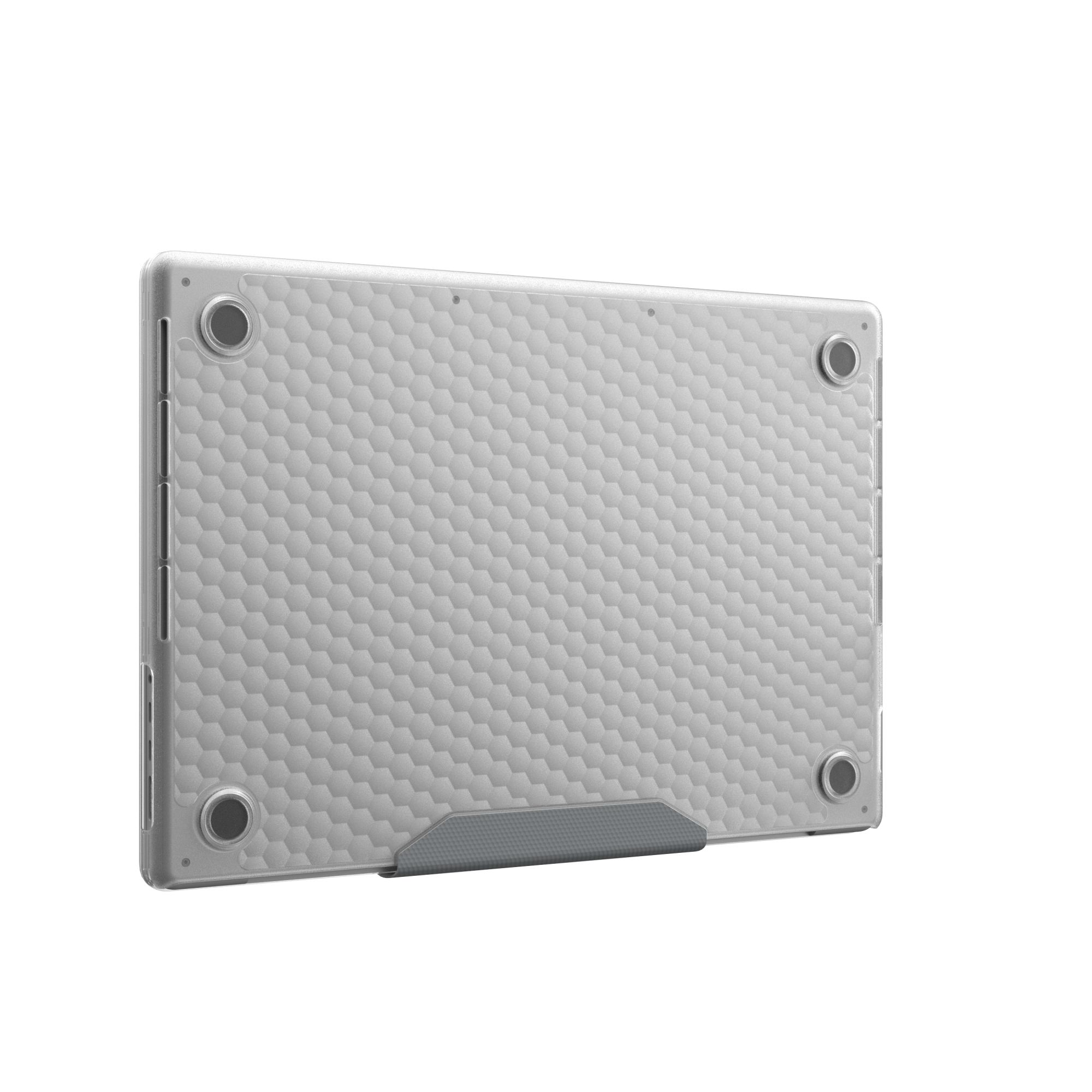 Szare etui na laptopa z wzorem plastra miodu na białym tle. Ma stojak.
