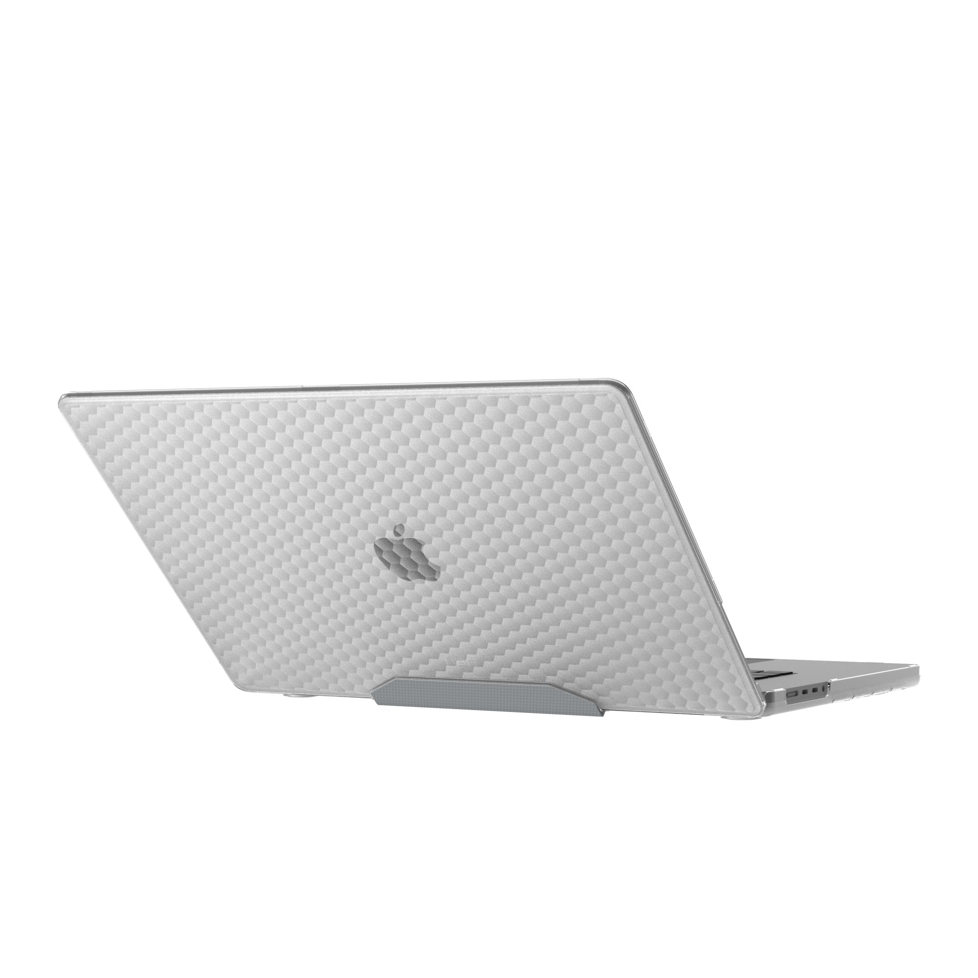 Srebrny laptop z okładką we wzór plastra miodu jest lekko otwarty, pokazując logo Apple.