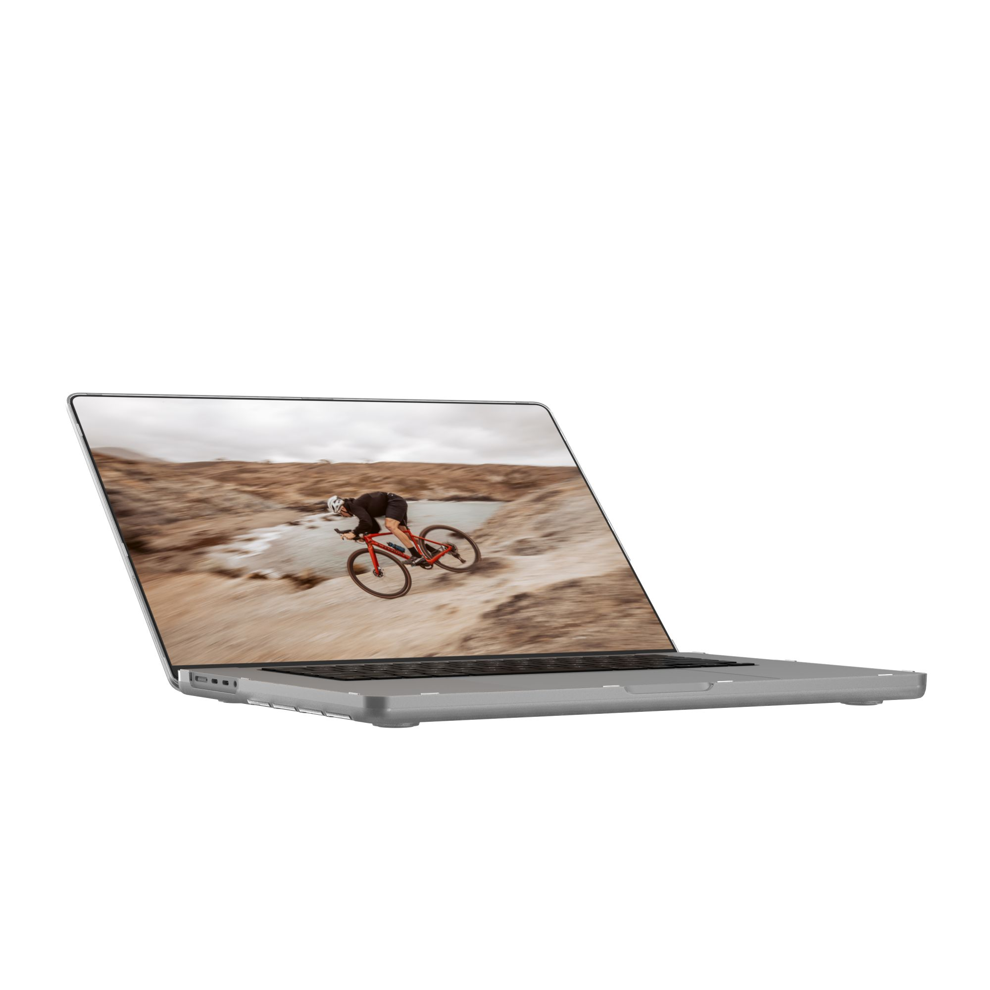 Laptop wyświetla kolarza na czerwonym rowerze jadącego po skalistym terenie.