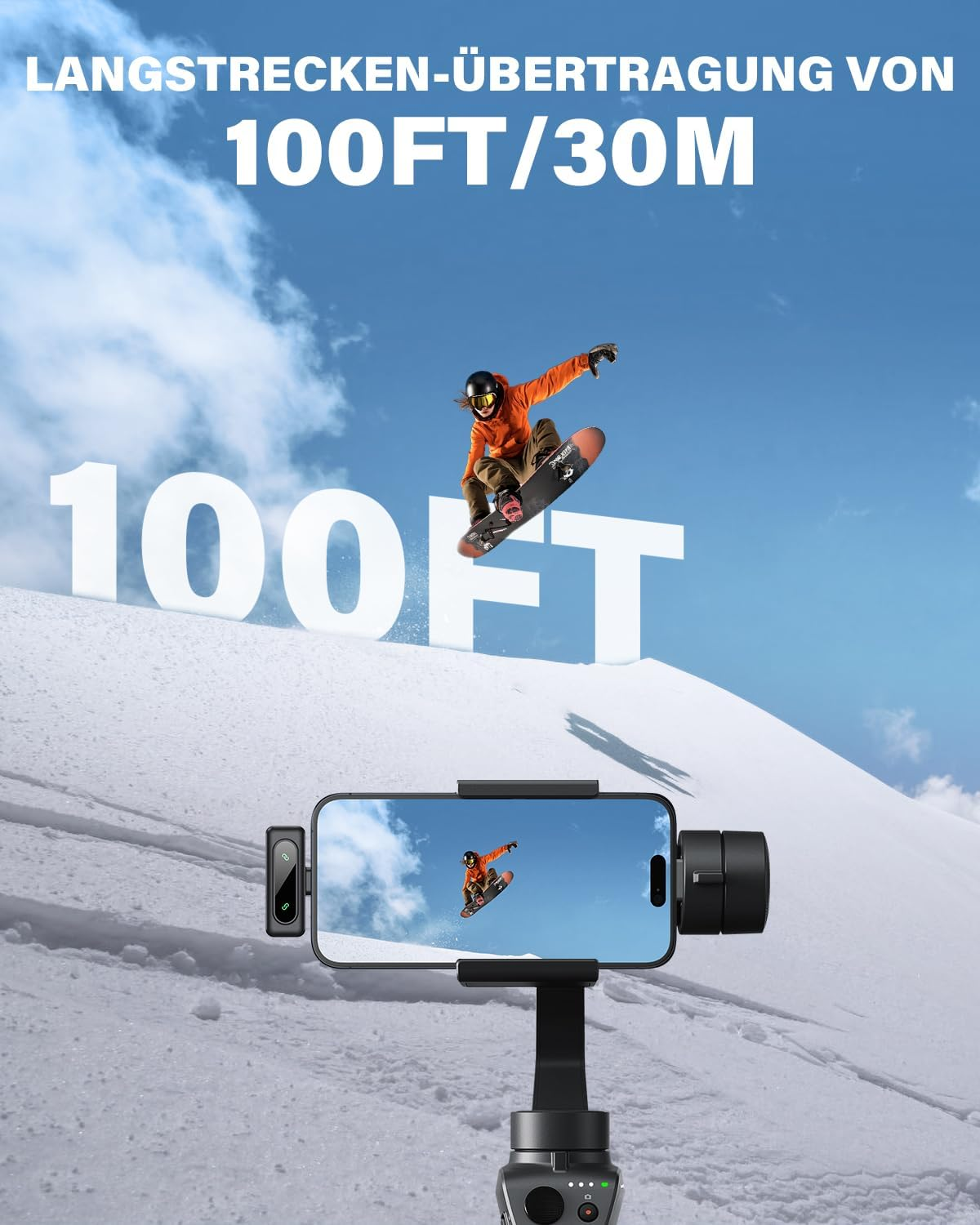 Ein Snowboarder springt in die Luft. Ein Telefon zeigt dasselbe Bild, gehalten von einem Gimbal. Schnee und blauer Himmel im Hintergrund.
