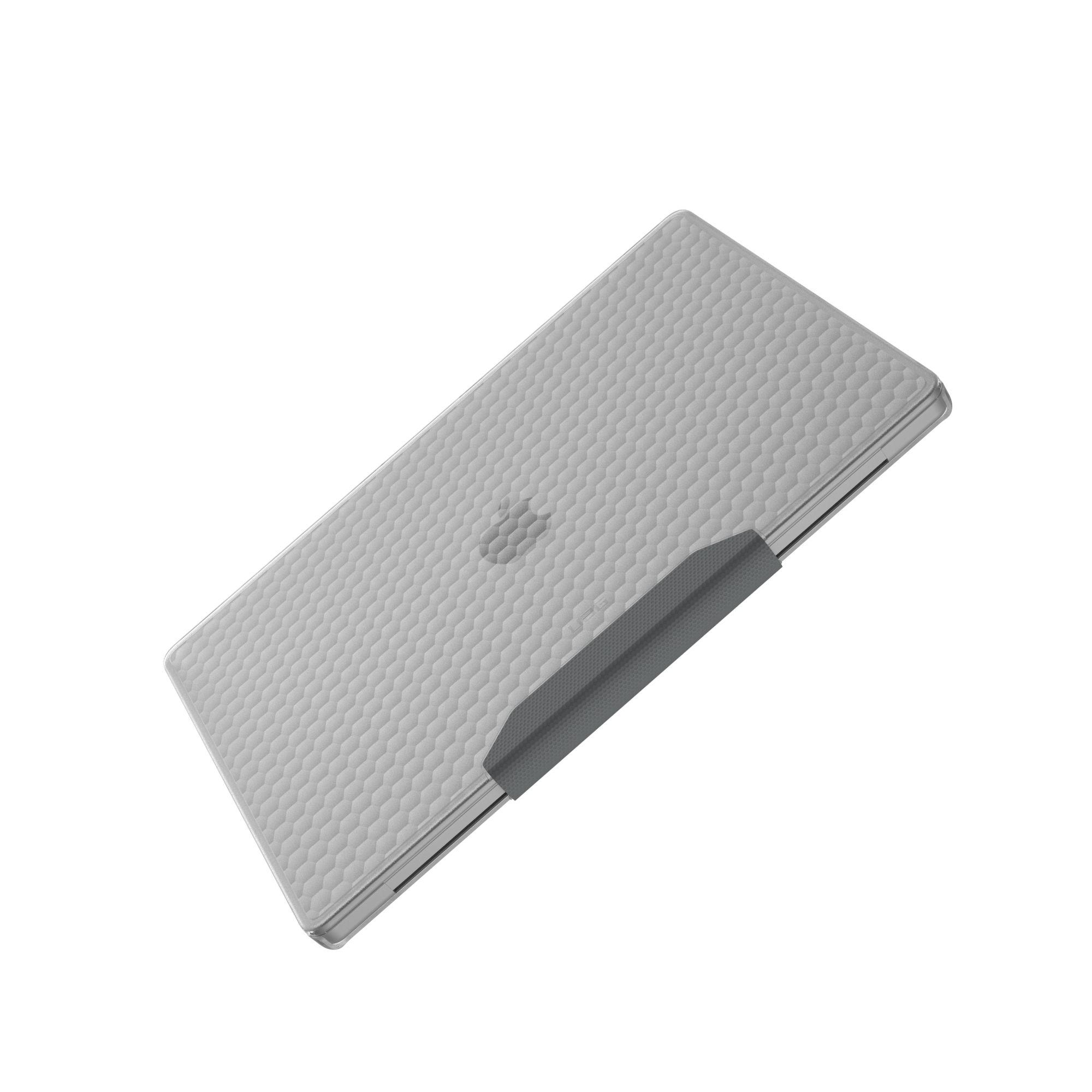 Szary laptop z teksturowaną powierzchnią, pod kątem. Tło jest białe. Widoczny jest ciemnoszary zawias.