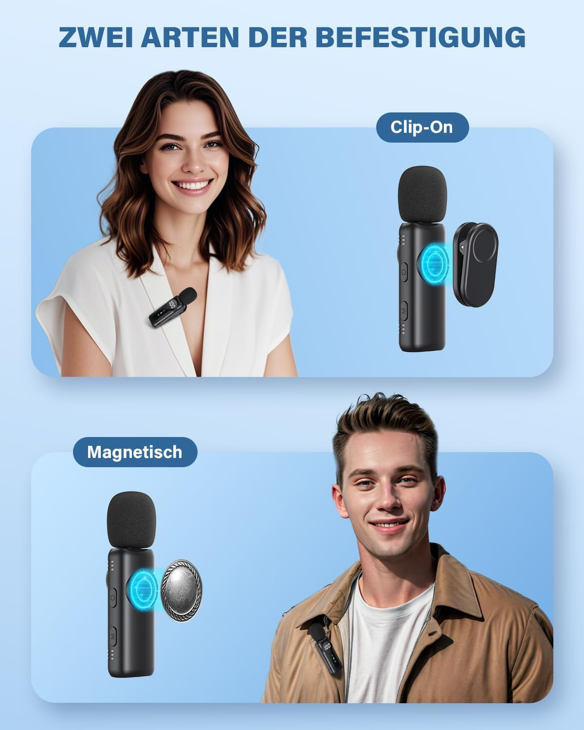 Das Bild zeigt zwei Arten der Befestigung eines Mikrofons: Clip-On und magnetisch. Zwei Personen lächeln, eine trägt Clip-On, die andere magnetisch.