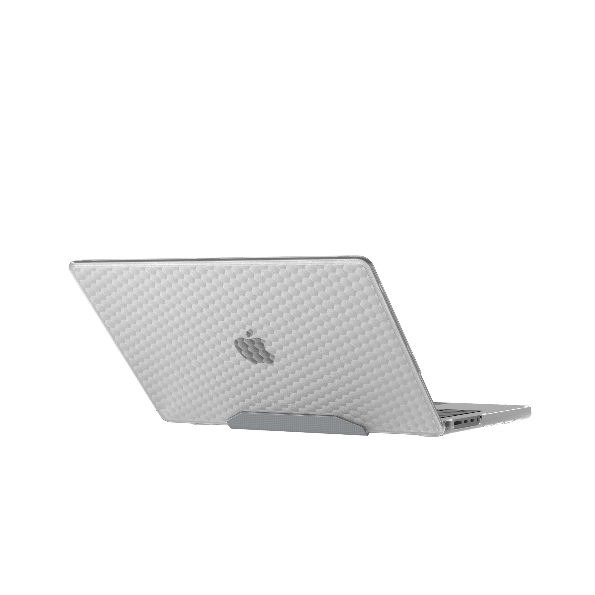 Laptop z białą obudową w kształcie plastra miodu oparty na szarej podstawce, skierowany do widza.